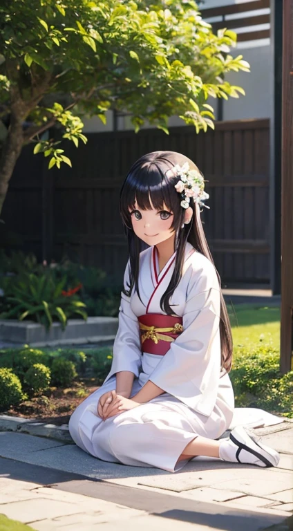 Person sitting in a garden, anime girl, white kimono, smiling, long hair, black, sitting on the ground