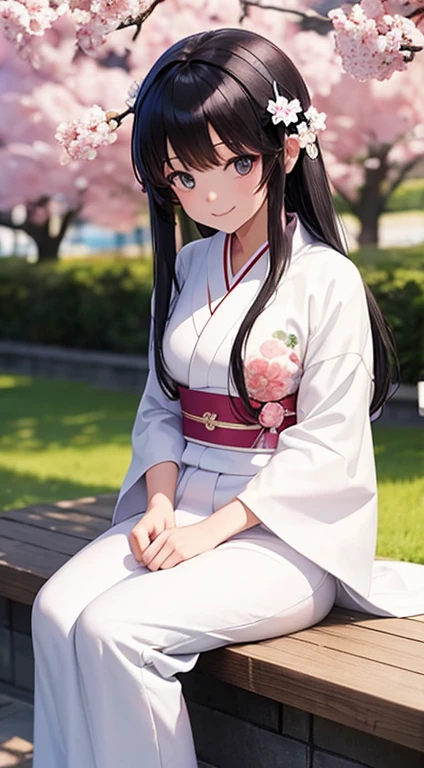 Person sitting in a garden, anime girl, white kimono, smiling, long hair, black, sitting on the ground