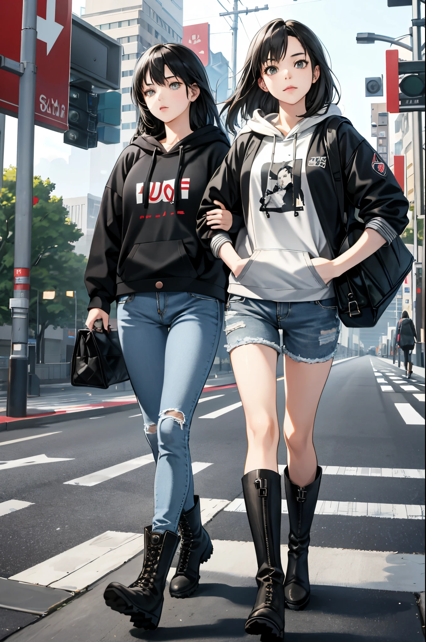 1人の女性(Women in Their 20s)，（​masterpiece，Highest Quality），caps、Gray hoodie，denim short pants，Bag，Engineer Boots、long boots、A dark-haired，Walking at a pedestrian crossing