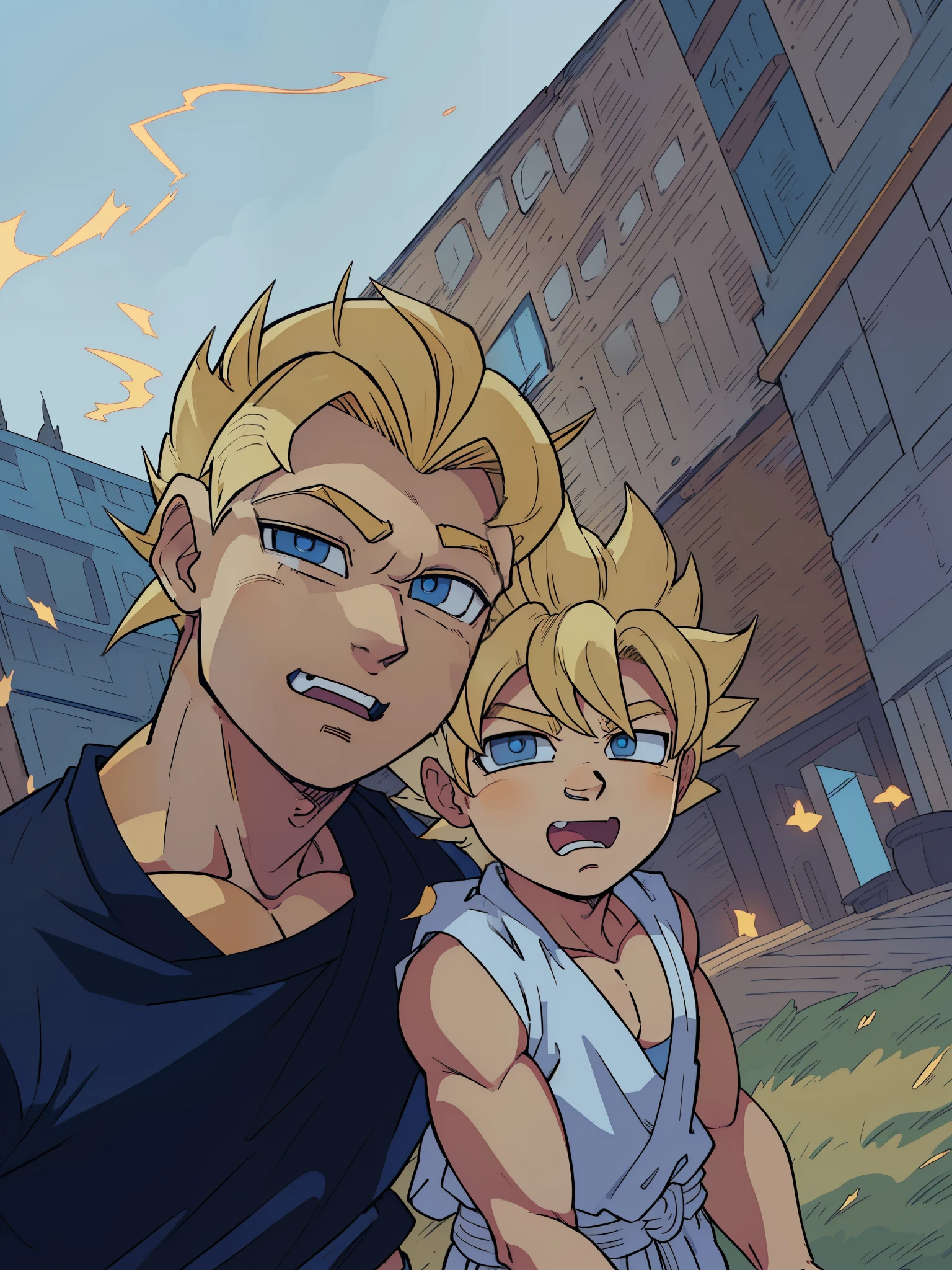 there is a man and a boy that are standing together,HD, ((super saiyan)),(drawing, manga, ((masterpiece)) 4k, ((manga-style)) drawing style, character concept, super saiyan shape, ((blonde hair:1.3)), blue eyes, Son Goku, (spiked up hair),