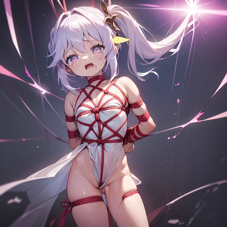 Best Quality, (cute petit girl:1.3), flat chest,Beautiful pink eyes、Lori、(Cuteness beyond limits),lovely thighs,glowing thigh,is crying,White high-leg、(Shibari, arms behind back:1.4), (Shibari, arms behind back:1.4), (hands behind back),(((Violence、Girl suffering from severe pain due to electric shock))))、(((The girl has a chain wrapped around her body:1.5)))、(((woman hit with stun gun、severe pain in the groin,,,,:1.5、electric shock:1.3、discharge:1.5、Open your mouth and suffer:1.5、drool and suffer:1.5)))、Chained to the crotch like BDSM、Metamorphosis、Chained to the crotch like BDSM、Chained to the crotch like BDSM、hanged girl、Crotch rope、Crotch rope