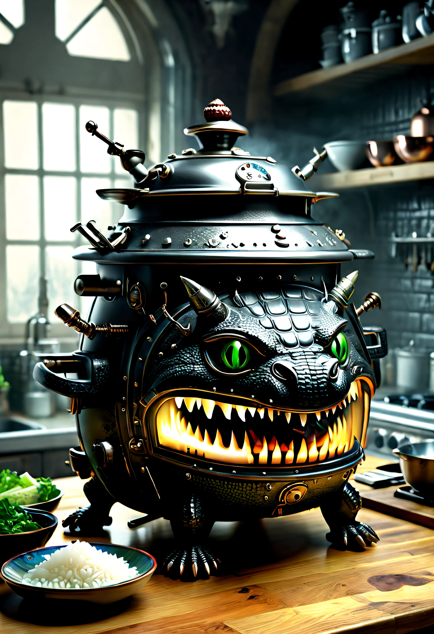 Kaia Koopman (Kaia Koopman) Stylized, beautifuldetails，（Crocodile monster shaped rice cooker），Many bowls of rice，goth style，punk，Creative product design，Very unified CG，Complicated details， Background with：（Many bowls of rice)，kitchen wasteland, sci fi art, Space style，Excellent，hyper realisitc，Thriller，