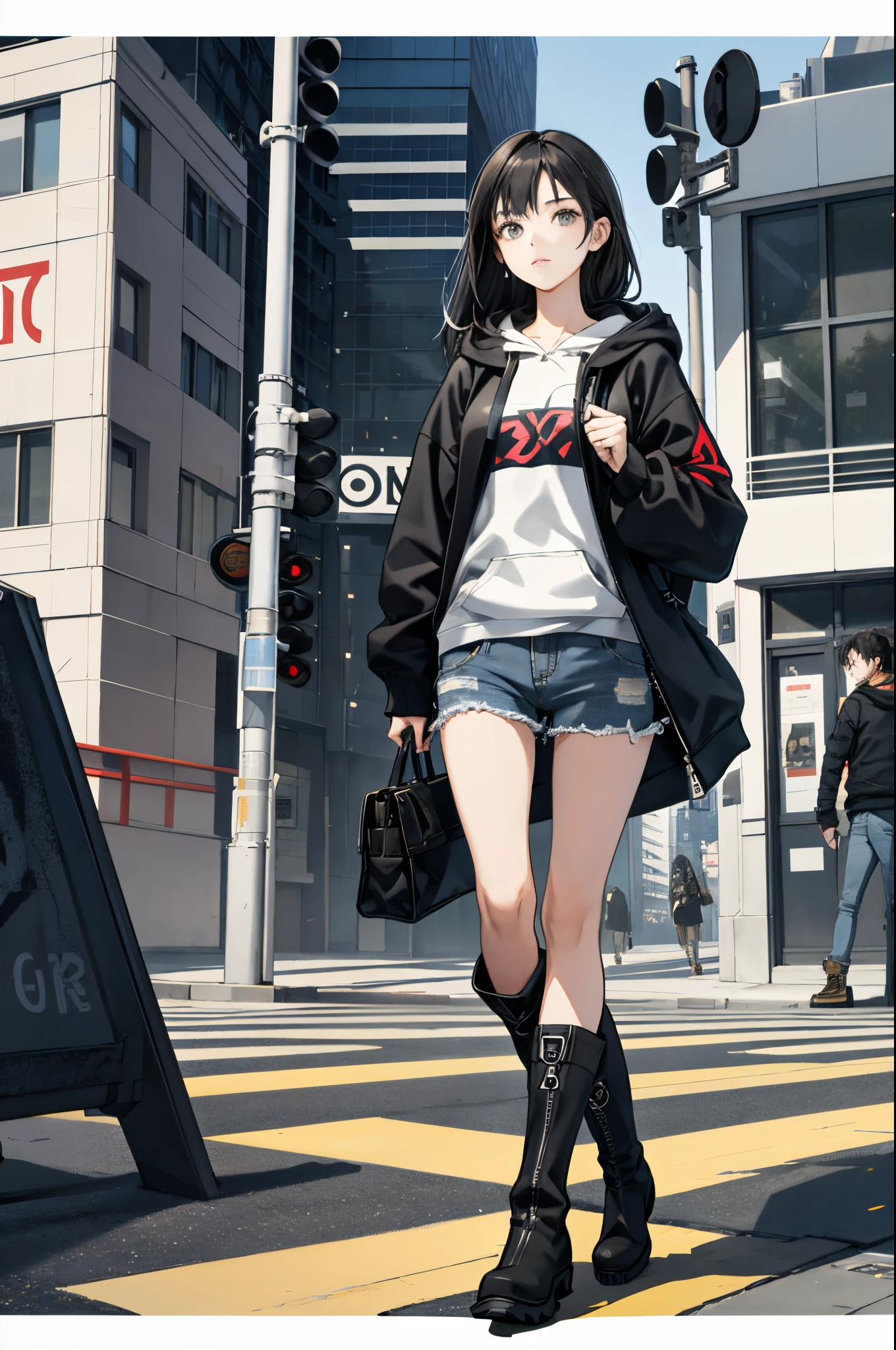 Anime girl in a black jacket and shorts crossing a street - SeaArt AI
