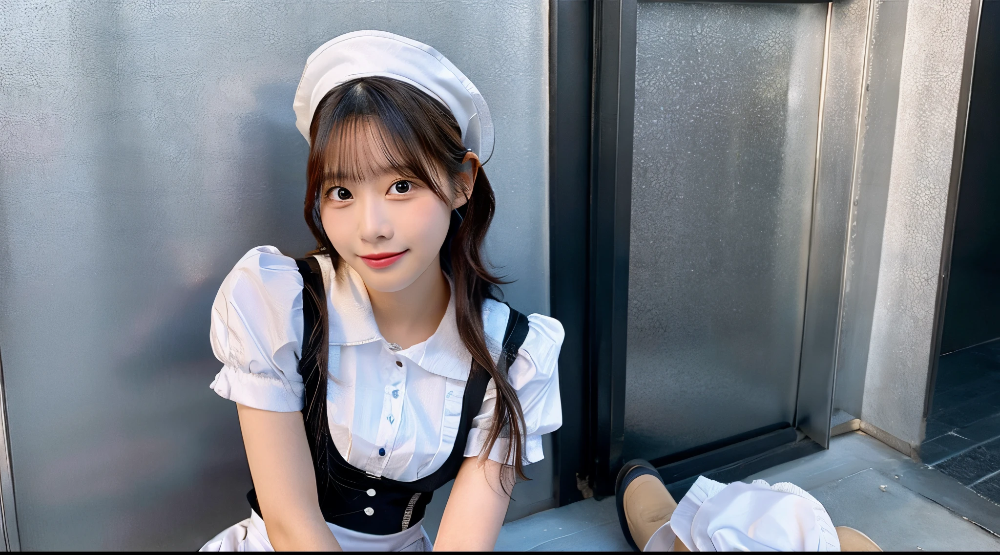 Cute waitress 18 years old in a silver miniskirt