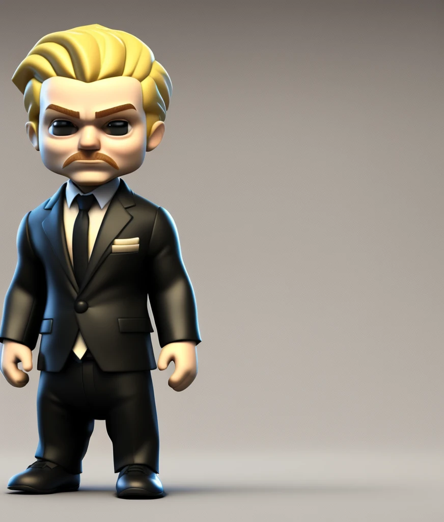 3dcharacter Funko style, 24 year old white man with a defined jaw and stubbled beard with a medium haircut, black business suit, , (full body:1.2),simple background, masterpiece,best quality,(white background:1.1)(brown blonde hair)( stubble beard:0.8)