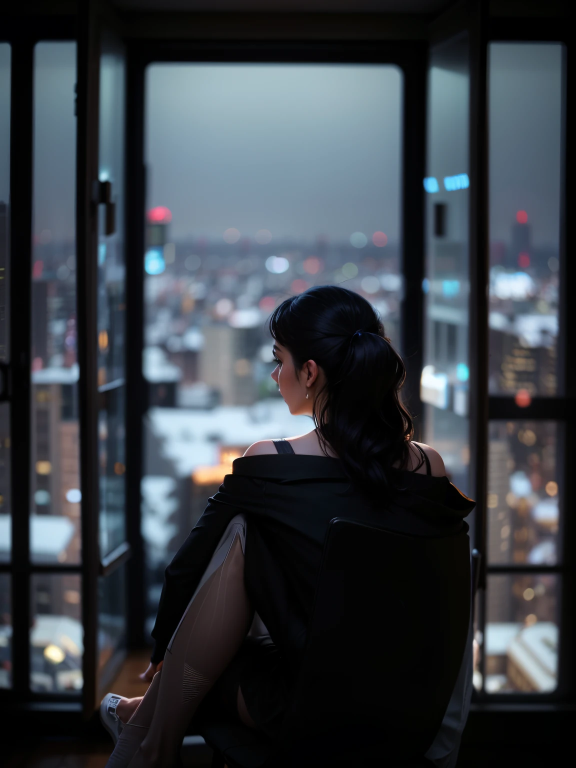 A woman sits in a chair and looks out the window at the city., CityView, looking out, Looking at the city, overlooking a modern city, Looking out the window, View from the window, looking at the side, Looking out the window, Looking out the window, by Emma Andijewska, Located on the roof of Tokyo, looking out, The light is on, CityView, black blazer, on a naked body, sitting on a stool