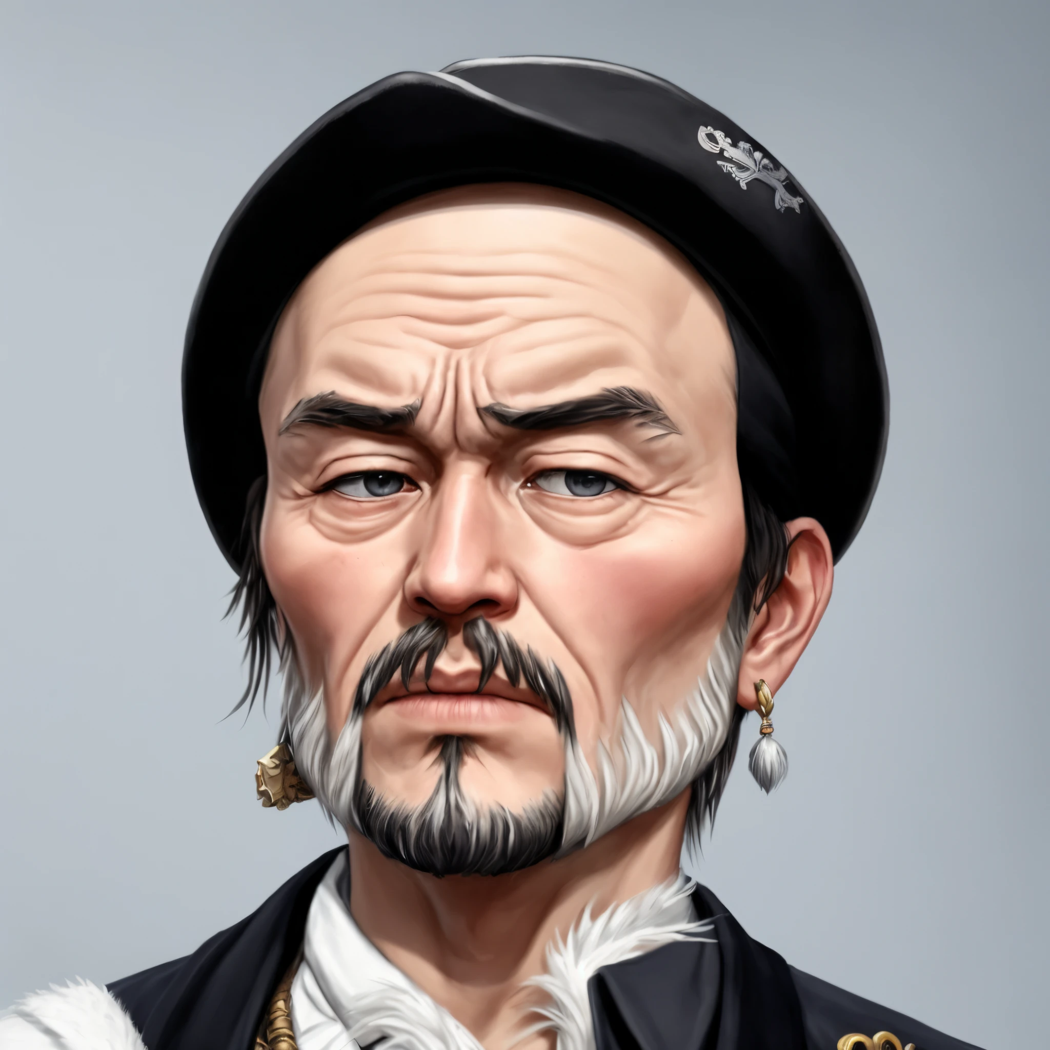 Bearded、Sad image of a man wearing a hat, detailed character portrait, closeup character portrait, very detailed character, a portrait of a hyperdetailed, extra detailed face, Portrait of character, very detailed portrait, high detail portrait, character art portrait, painted character portrait, Detailed Face Portrait, very detailed portrait, character portrait closeup, pirate portrait