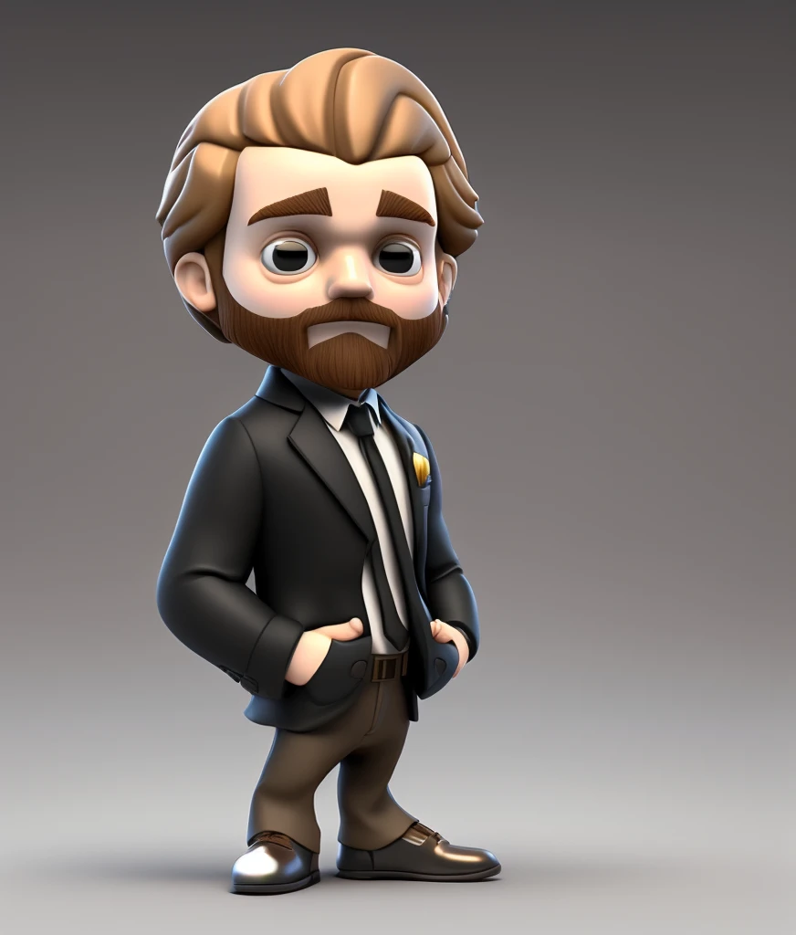 3dcharacter Funko style, 24 year old white man with a defined jaw and stubbled beard with a medium haircut, black business suit, , (full body:1.2),simple background, masterpiece,best quality,(white background:1.1)(brown blonde hair)( stubble beard:0.8)