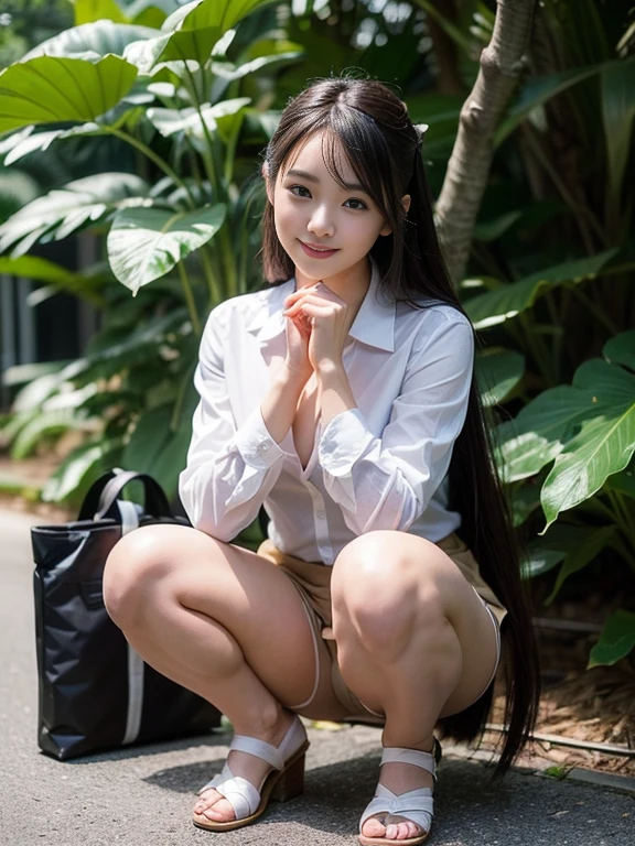 ((top-quality、in 8K、masterpiece:1.3、Raw photo))、Super high quality photos, In the tropical jungle, ((Wearing business suit jacket and skirt)), ((Wear a white blouse shirt under the jacket)), ((Perfect beauty 20 year old idol Japan woman)), ((a smile)), ((protruding nipples under the shirt,,)), ((slim figure)), ((Slim legs)), ((slim thigh)), ((Perfect beauty 20 year old idol Japan woman)), (Photorealistic: 1.4), (Ultra-high detail), (hyper realisitic: 1.4), (Realistic: 1.3), (Smooth lighting: 1.05), Full body, 1girl in, Solo, (Japanese actressl), 20yr old, cinematlic lighting, ((slim figure)), ((Leaner figure)), Good anatomy, Correct anatomy, In the tropical jungle, ((Perfect beauty 20 year old idol Japan woman)), ((slim figure)), ((Slim legs)), ((slim thigh)), ,((Perfect beauty)), ((He has a small camping bag in one hand.)), ((squatting)), ((Panties are visible through the skirt)), ((a smile)), ((camel's toe)), ((legs slightly apart)),