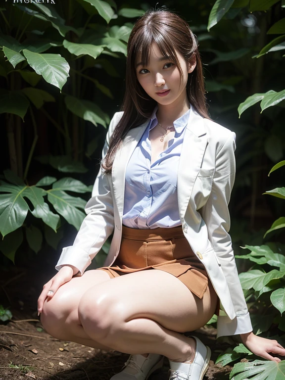 ((top-quality、in 8K、​masterpiece:1.3、Raw photo))、Super high quality photos, In the tropical jungle, ((Wearing business suit jacket and skirt)), ((Wear a white blouse shirt under the jacket)), ((Perfect beauty 20 year old idol Japan woman)), ((a smile)), ((protruding nipples under the shirt,,)), ((slim figure)), ((Slim legs)), ((slim thigh)), ((Perfect beauty 20 year old idol Japan woman)), (Photorealistic: 1.4), (Ultra-high detail), (hyper realisitic: 1.4), (Realistic: 1.3), (Smooth lighting: 1.05), Full body, 1girl in, Solo, (Japanese actressl),　20yr old, cinematlic lighting, ((slim figure)), ((Leaner figure)), Good anatomy, Correct anatomy, In the tropical jungle, ((Perfect beauty 20 year old idol Japan woman)), ((slim figure)), ((Slim legs)), ((slim thigh)), ,((Perfect beauty)), ((He has a small camping bag in one hand.)), ((squatting)), ((Panties are visible through the skirt)), ((a smile)), ((camel's toe)), ((legs slightly apart)),