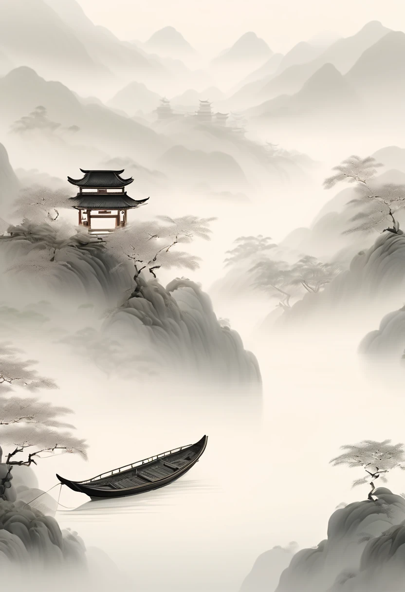 asian landscape with trees and boats, in the style of ethereal imagery, animated gifs, white and gray, serene and peaceful ambiance, mountainous vistas, serene faces, mist