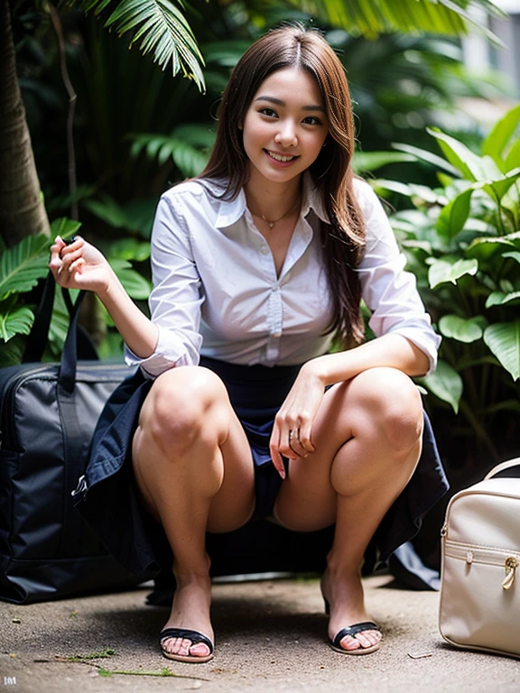 ((top-quality、in 8K、masterpiece:1.3、Raw photo))、Super high quality photos, In the tropical jungle, ((Wearing business suit jacket and skirt)), ((Wear a white blouse shirt under the jacket)), ((Perfect beauty 20 year old idol Japan woman)), ((a smile)), ((protruding nipples under the shirt,,)), ((slim figure)), ((Slim legs)), ((slim thigh)), ((Perfect beauty 20 year old idol Japan woman)), (Photorealistic: 1.4), (Ultra-high detail), (hyper realisitic: 1.4), (Realistic: 1.3), (Smooth lighting: 1.05), Full body, 1girl in, Solo, (Japanese actressl), 20yr old, cinematlic lighting, ((slim figure)), ((Leaner figure)), Good anatomy, Correct anatomy, In the tropical jungle, ((Perfect beauty 20 year old idol Japan woman)), ((slim figure)), ((Slim legs)), ((slim thigh)), ,((Perfect beauty)), ((He has a small camping bag in one hand.)), ((squatting)), ((Panties are visible through the skirt)), ((a smile)), ((camel's toe)), ((legs slightly apart)),