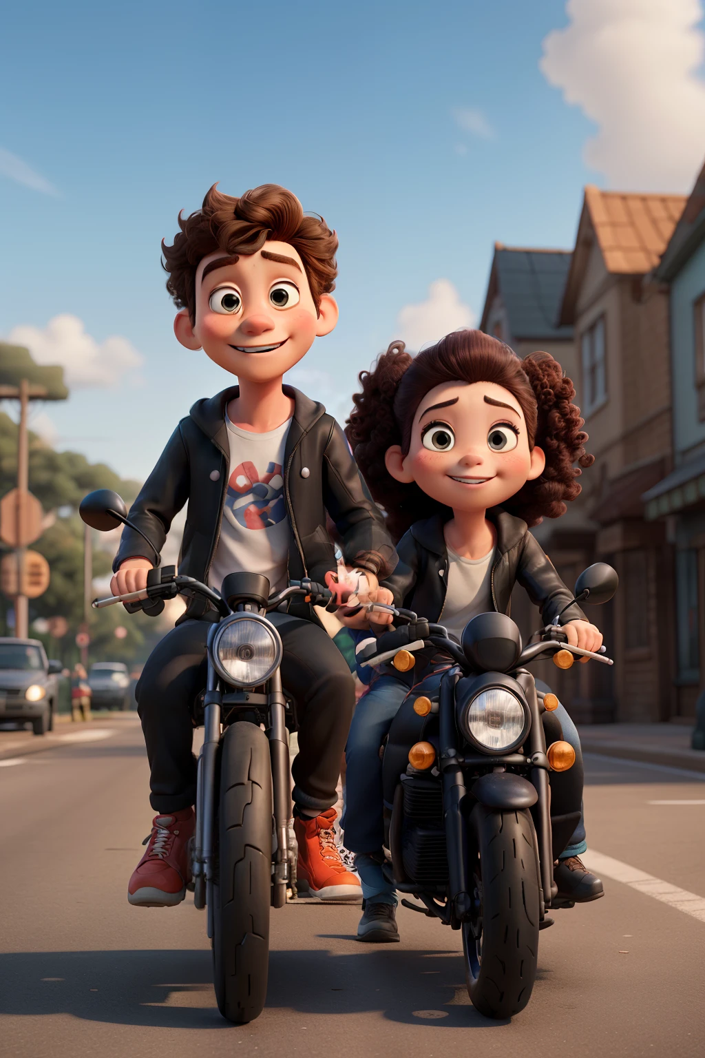 disney pixar couple picture.on the road riding on the motorcycle the girl is chinita with curly long hair wearing black jacket with name (yang) at the back and the boy is wearing black jacket with name (rick) at the back and jordan shoes.3d image