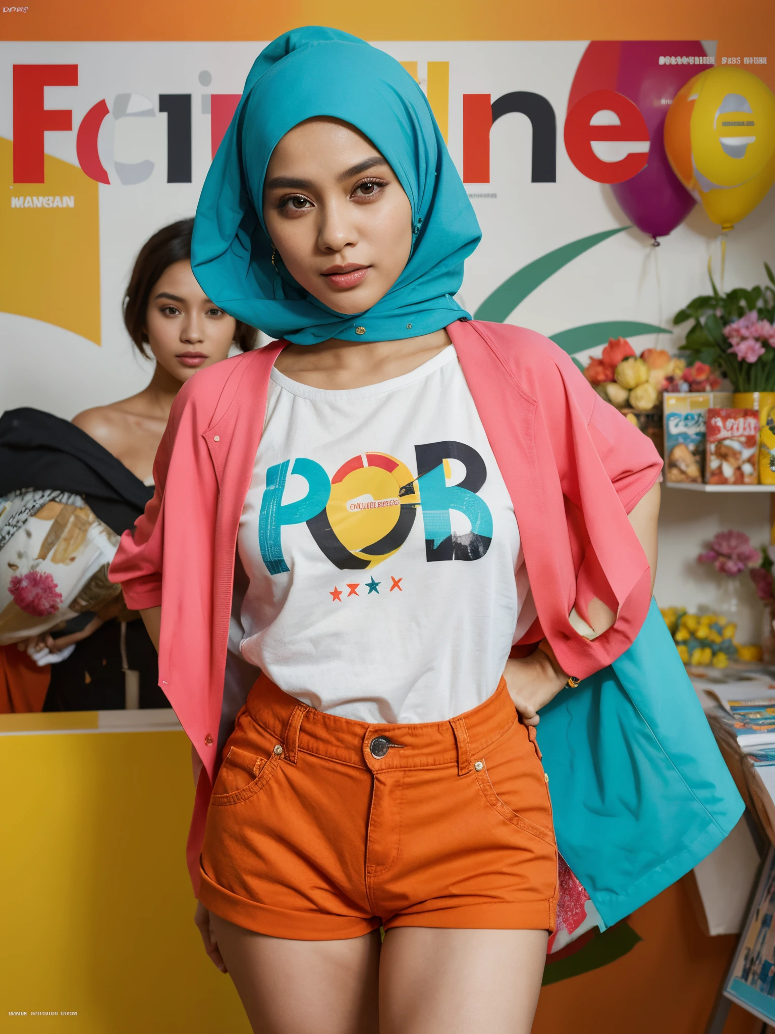 1 malay girl in hijab, sfw, shorts, jacket, (Magazine cover-style illustration of a fashionable woman in vibrant outfit posing in front of a colorful and dynamic background. She has a confident expression and is striking a pose. The text on the cover should be bold and attention-grabbing, with the title of the magazine and a catchy headline. The overall style should be modern and trendy, with a focus on fashion and lifestyle), wallpaper, crowds, fashion, contrapposto, female focus, model,