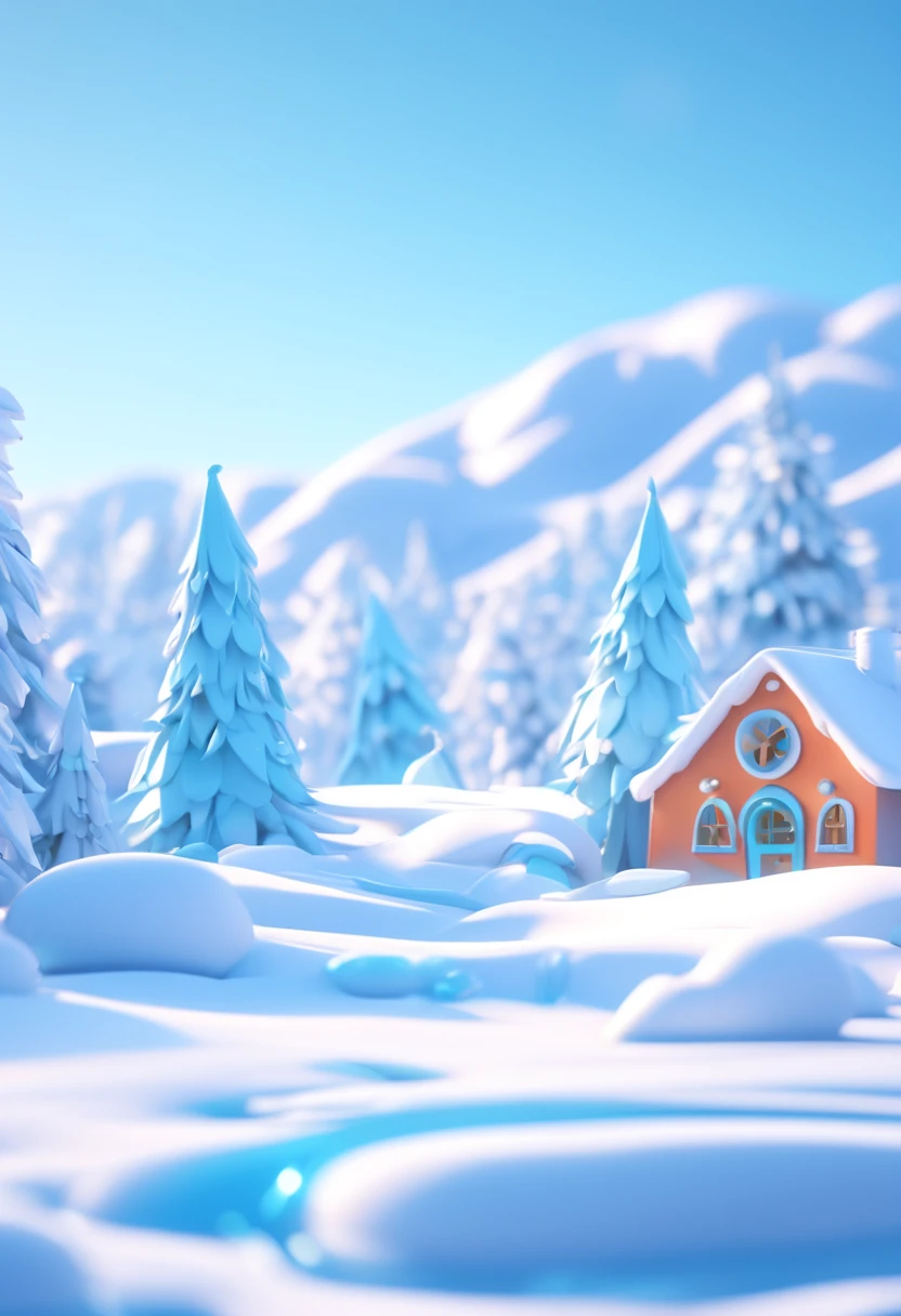 Simple style,3D style, using reference images as an example to render 3D visualized winter outdoor snow scene images. In the outdoor scene, River ice surface,Behind the screen, there is a house on the left and a large Christmas tree on the right, Dream scene, light blue color, blue sky, A cute little snowman, Fantastic snow scenery, romantic style,c4d style, OC renderer, bright colors, high image quality, ultra high definition, 4k, blender, Pixar, POP mart, Ultra modern, lce age,