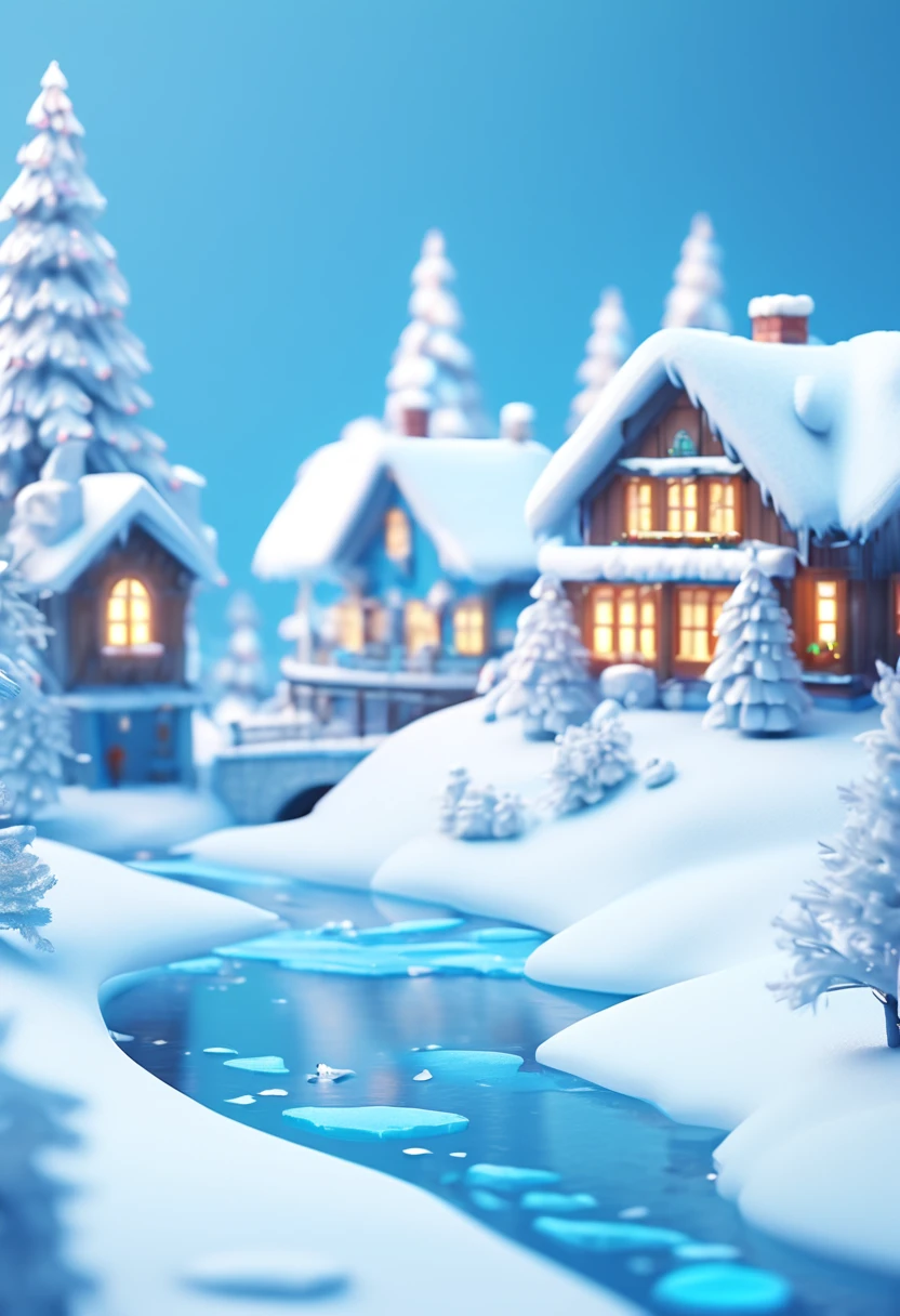 Simple style,3D style, using reference images as an example to render 3D visualized winter outdoor snow scene images. In the outdoor scene, River ice surface,Behind the screen, there is a house on the left and a large Christmas tree on the right, Dream scene, light blue color, blue sky, A cute little snowman, Fantastic snow scenery, romantic style,c4d style, OC renderer, bright colors, high image quality, ultra high definition, 4k, blender, Pixar, POP mart, Ultra modern, lce age,