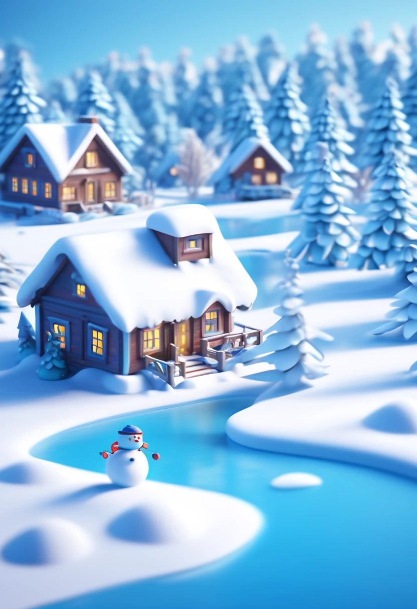 Simple style,3D style, using reference images as an example to render 3D visualized winter outdoor snow scene images. In the outdoor scene, River ice surface,Behind the screen, there is a house on the left and a large Christmas tree on the right, Dream scene, light blue color, blue sky, A cute little snowman, Fantastic snow scenery, romantic style,c4d style, OC renderer, bright colors, high image quality, ultra high definition, 4k, blender, Pixar, POP mart, Ultra modern, lce age,