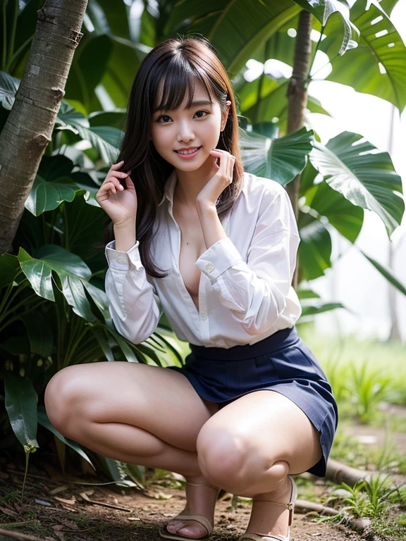 ((top-quality、in 8K、​masterpiece:1.3、Raw photo))、Super high quality photos, In the tropical jungle, ((Wearing business suit jacket and skirt)), ((Wear a white blouse shirt under the jacket)), ((Perfect beauty 20 year old idol Japan woman)), ((a smile)), ((protruding nipples under the shirt,,)), ((slim figure)), ((Slim legs)), ((slim thigh)), ((Perfect beauty 20 year old idol Japan woman)), (Photorealistic: 1.4), (Ultra-high detail), (hyper realisitic: 1.4), (Realistic: 1.3), (Smooth lighting: 1.05), Full body, 1girl in, Solo, (Japanese actressl),　20yr old, cinematlic lighting, ((slim figure)), ((Leaner figure)), Good anatomy, Correct anatomy, In the tropical jungle, ((Perfect beauty 20 year old idol Japan woman)), ((slim figure)), ((Slim legs)), ((slim thigh)), ,((Perfect beauty)), ((He has a small camping bag in one hand.)), ((squatting)), ((Panties are visible through the skirt)), ((a smile)), ((camel's toe)), ((legs slightly apart)),