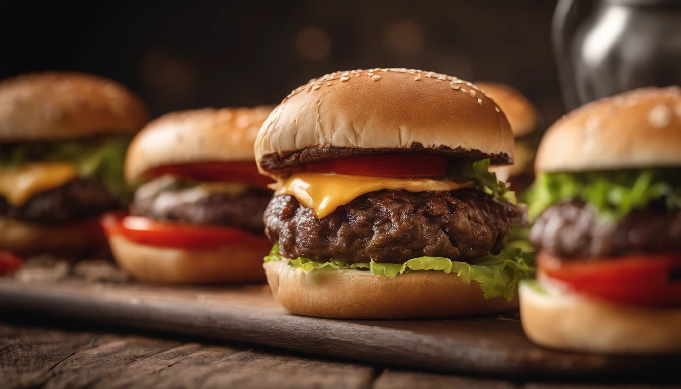 two hamburgers with cheese, onions, and tomatoes on a wooden cutting board, hamburgers, serving burgers, operating on burgers, high quality food photography, cheeseburger, shutterstock, big juicy burger, professional food photography, burger, eating burgers, hamburger, burger on a plate, food commercial 4k