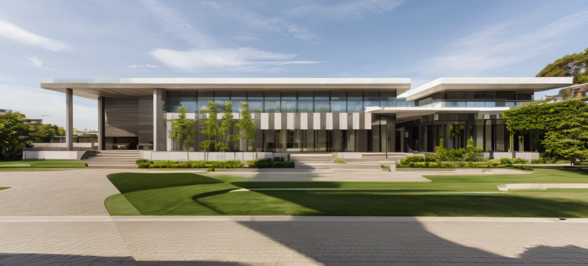 exterior of a luxury building, mordern, daylight, street, tree around, glossy material, nice garden, contemporary style, high quality, line in the interior