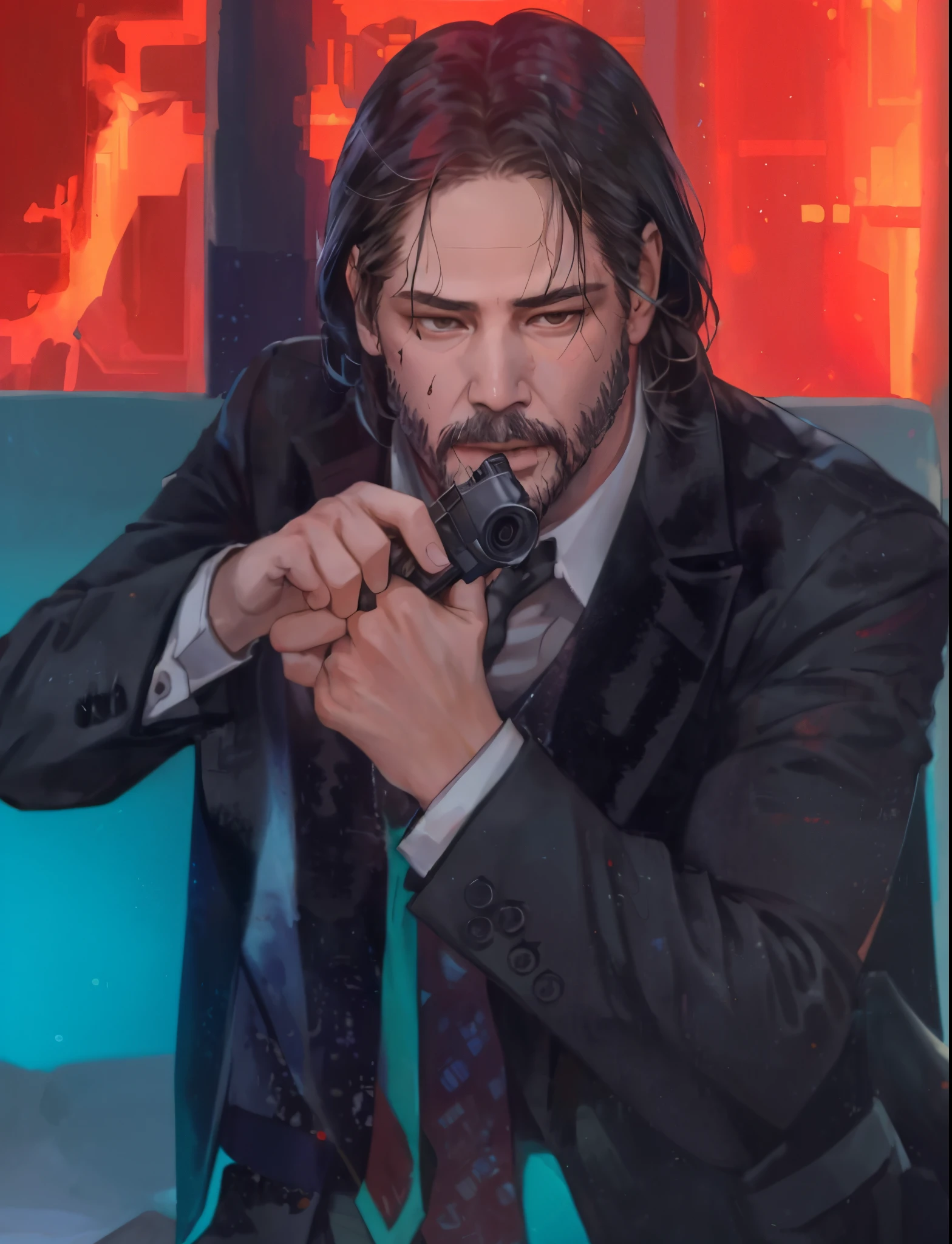 There&#39;s a man with a gun in a burning room, portrait of john wick, John Wick, From the new John Wick movie, in the john wick movie, headquarters 4k wallpaper, Badass composition, Disco Elysium Keanu Reeves, Cyberpunk Jesus Christ, Wojtechfors, Artgerm and Atey Ghailan, shadowrun splatter art