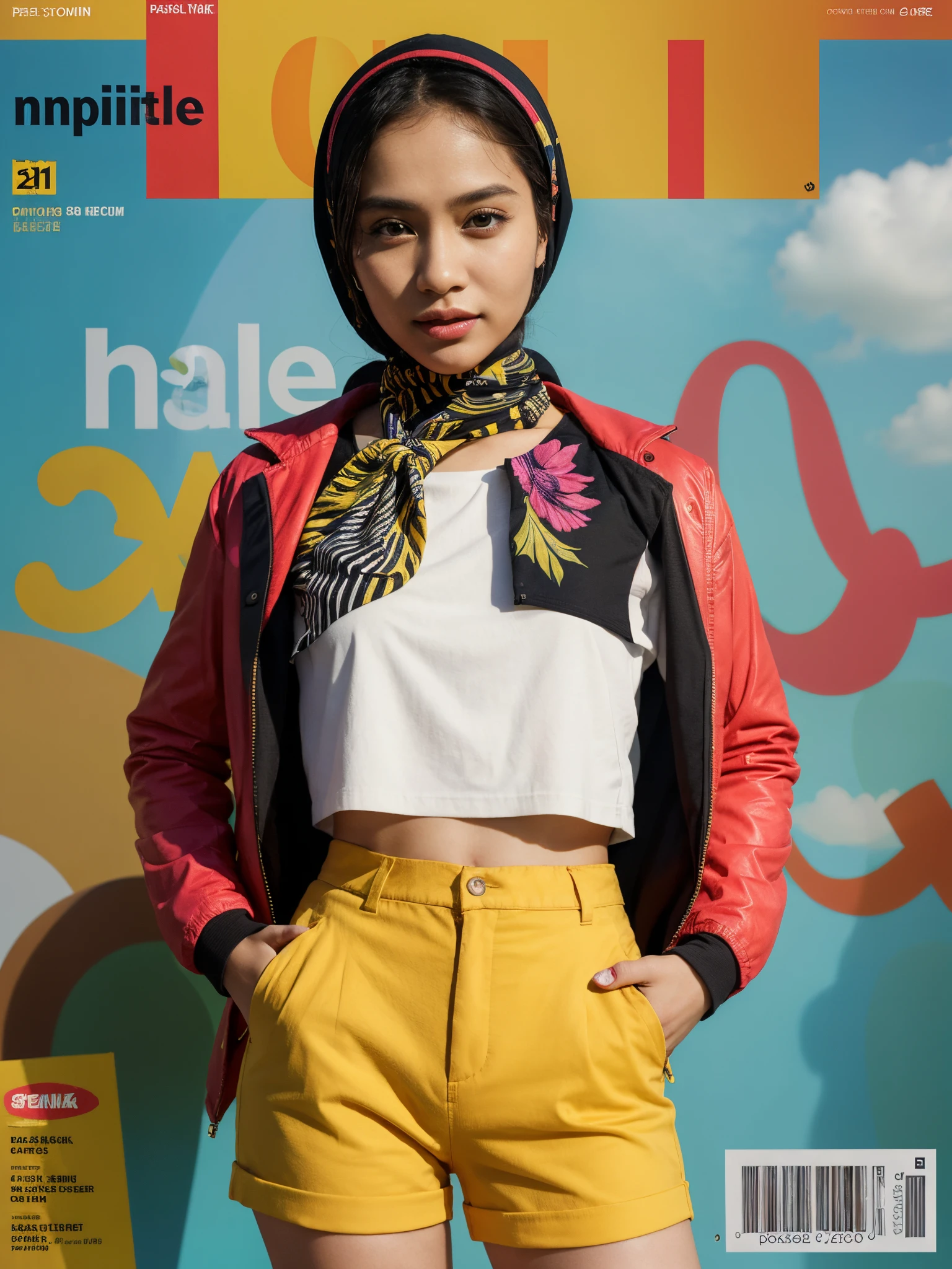 1 malay girl in hijab, sfw, shorts, jacket, (Magazine cover-style illustration of a fashionable woman in vibrant outfit posing in front of a colorful and dynamic background. She has a confident expression and is striking a pose. The text on the cover should be bold and attention-grabbing, with the title of the magazine and a catchy headline. The overall style should be modern and trendy, with a focus on fashion and lifestyle), wallpaper, crowds, fashion, contrapposto, female focus, model,