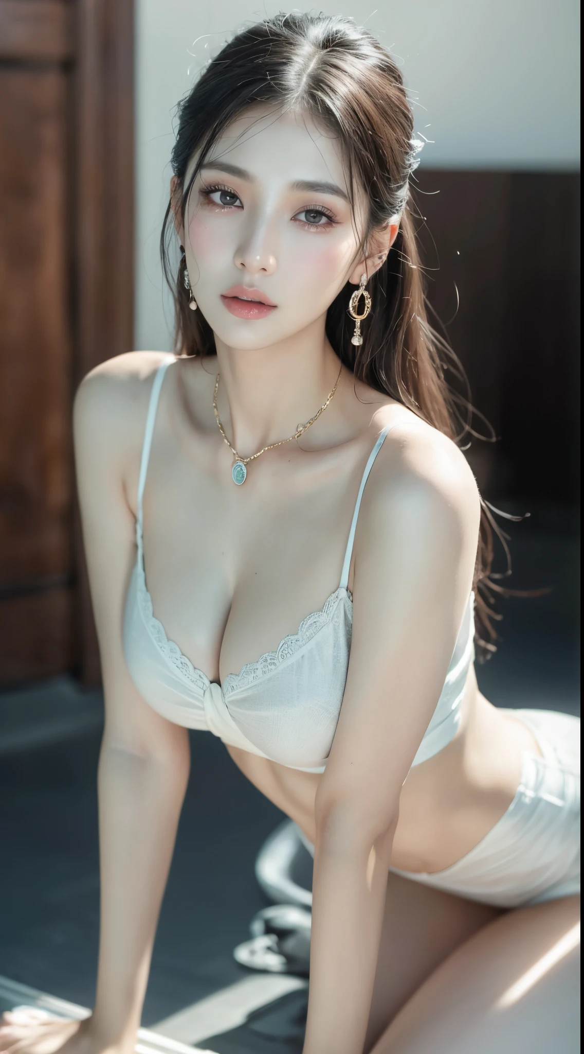 Binded with chain, crying,(photorealistic:1.4), huge breasts, ((slim waist)), (standing:1),((wide shoulders)), ((looking at viewer)), (1 girl:1.5), big ass,(masterpiece, best quality, ultra detailed), ultra realistic, photo realistic,(best illumination, best shadow, an extremely delicate and beautiful), finely detail, beautiful detailed, (PureErosFace_V1), beautiful eyes, detailed face, collarbone, (((slender waist))), ((depth_of_field)), (oval face),(beautiful eyes),detailed eyeshadow,(very displeased) , real skin texture, photography, (ulzzang-6500-v1.1:1),(curvy body:1.0),earring,best quality, ultra high res, perfect body,trending on CGSociety,(shiny skin:1.1),(natural breast),exotic face,(detailed skin:1.4), (skin pores:1.4), [(Kpop idol),((cold attitude)), ((the pointed face)),8k, RAW photo,(style-keta:0.8), (beautiful:1.3), (attractive:1.3),sharp focus,plump legs, ((tall body)),((adult woman)),(kpop idol:1),((photorealistic painting art by midjourney and greg rutkowski)),((supermodel:1)),(oily skin:1.5),((((facing front, facing viewer)))),model posing,(street),(long hair:1),(photograph, photographic photo, photogenic, rule of thirds),(disheveled hair:1.2),(solo:1.5), (cowboy shot:1)