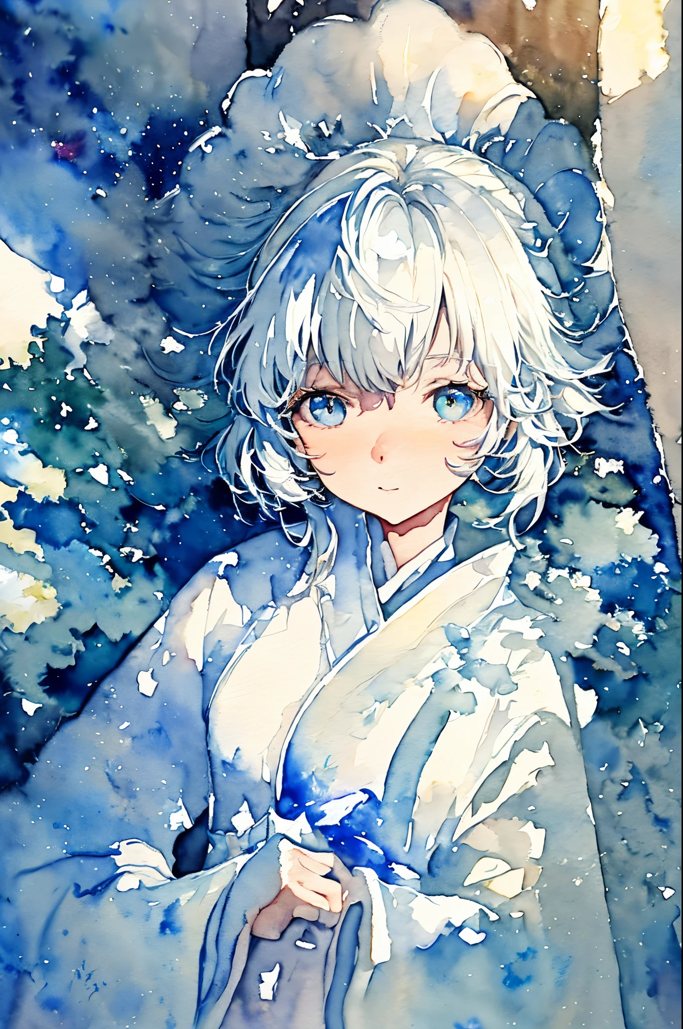 (((watercolor paiting:1.3)))、Best Quality, masuter piece, High resolution, albino girl、Beautiful white hair:1.5、(((1girl in))), sixteen years old,(((eyes are white:1.3)))、robe blanche、((White shirt:1.3、White Block Dress)), Tindall Effect, Realistic, Shadow Studio,Ultramarine Lighting, dual-tone lighting, (High Detail Skins: 1.2)、Pale colored lighting、Dark lighting、 Digital SLR, Photo, High resolution, 4K, 8K, Background blur,Fade out beautifully、a white world、White background