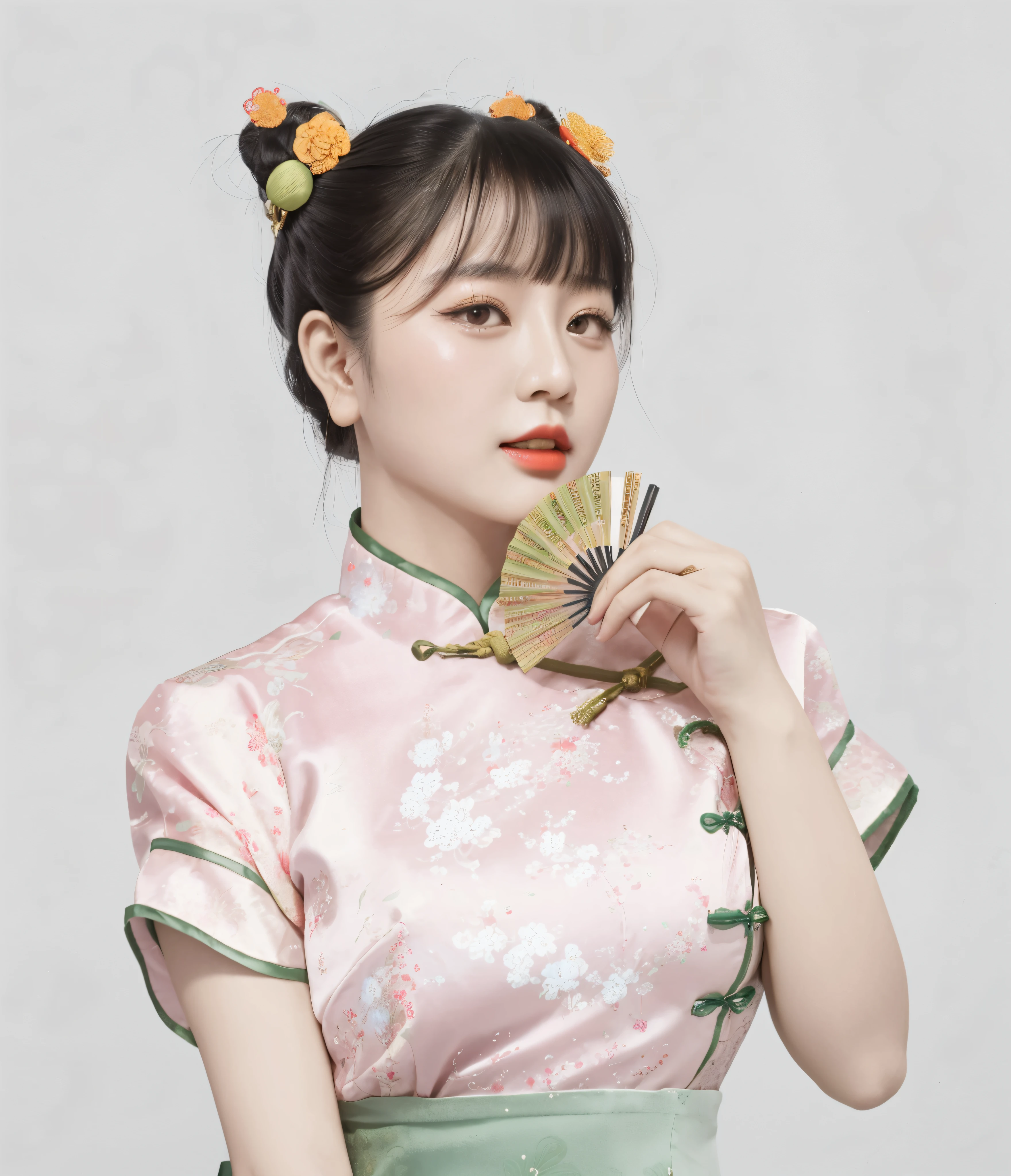 Chinese woman in green dress holding fan and fan, On the cheongsam, ChineseGirl, Matches ancient Chinese costumes, Chinese woman, yun ling, Di Li Gerba, xintong chen, bodfin, On the cheongsam, TRADITIONAL CHINESE COSTUMES, 奈良美智, Sam rice cereal, china idol,white backgrounid