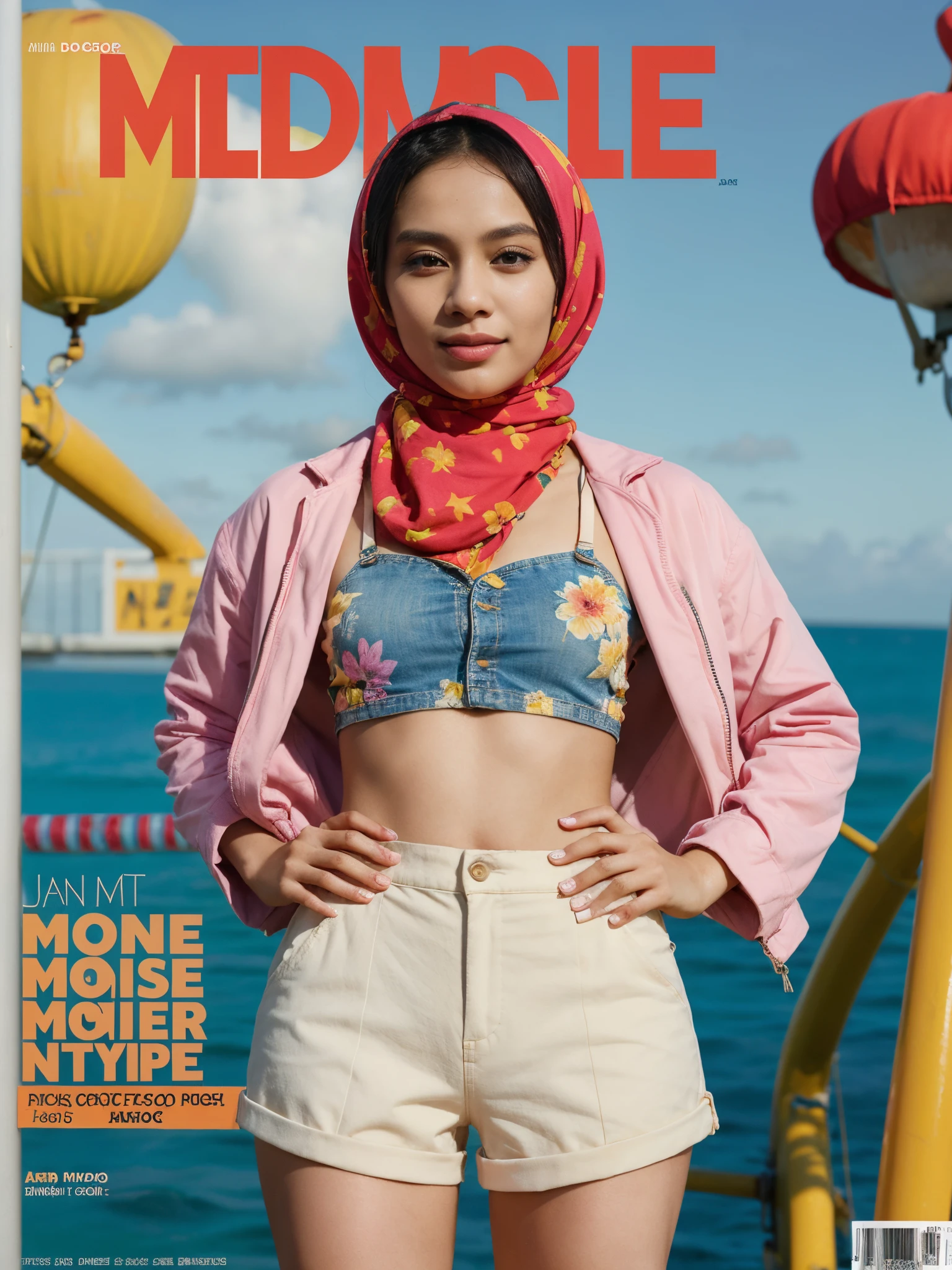 1 malay girl in hijab, sfw, shorts, jacket, (Magazine cover-style illustration of a fashionable woman in vibrant outfit posing in front of a colorful and dynamic background. She has a confident expression and is striking a pose. The text on the cover should be bold and attention-grabbing, with the title of the magazine and a catchy headline. The overall style should be modern and trendy, with a focus on fashion and lifestyle), wallpaper, crowds, fashion, contrapposto, female focus, model,