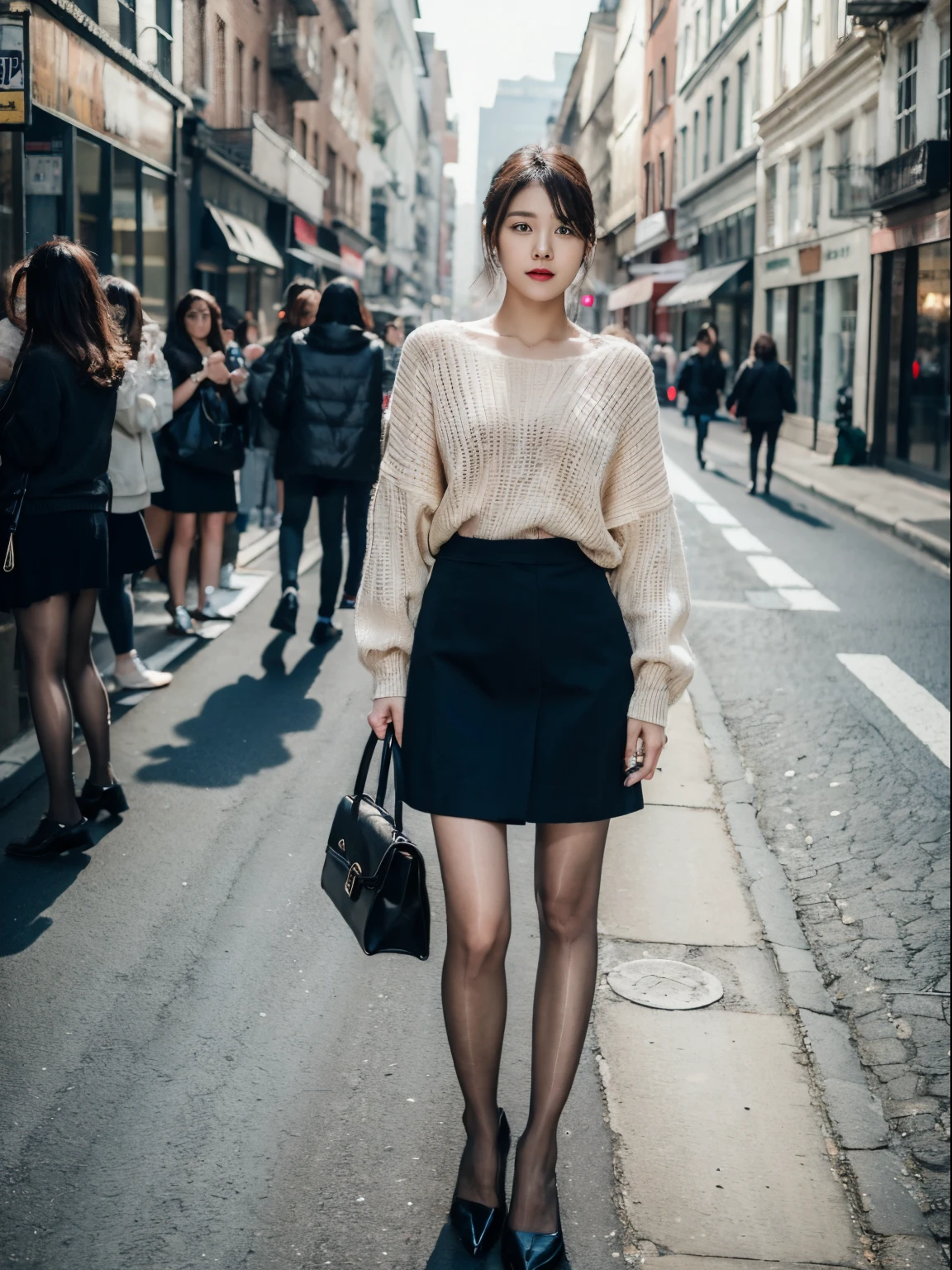 ,(RAW photogr:1.2), (realisticlying:1.4),Beautiful detailed woman, Very detailed eyes and face, 詳細な目, ultra - detailed, A high resolution, The content is very detailed,Best quality,illuminations,unified,8k 壁纸,tmasterpiece,Best quality,1 Woman on the street,Short coat,Small fragrant wind,skirt set,Black socks,Fashionab,a skirt,Black socks,high-heels,allure,looking at viewert,are standing,Full body lesbian
