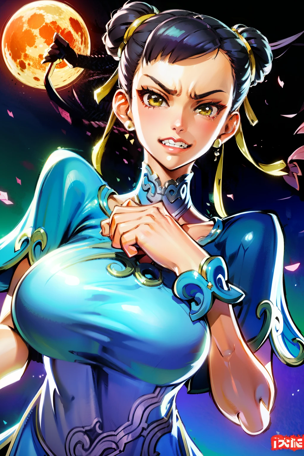 Waifu, masterpiece, curvy, breasts, moon, full moon, gloves, 1girl, clenched teeth, chun-li, cleavage, large breasts, teeth, aqua hair, red gloves, yellow eyes,clenched hands, punching, night, sky, clenched hand, short hair, solo, angry, lip biting(gigantic and massive tits:1.1), breasts, official illustration, illustration, detailed face, beautiful intricate eyes,1:2)