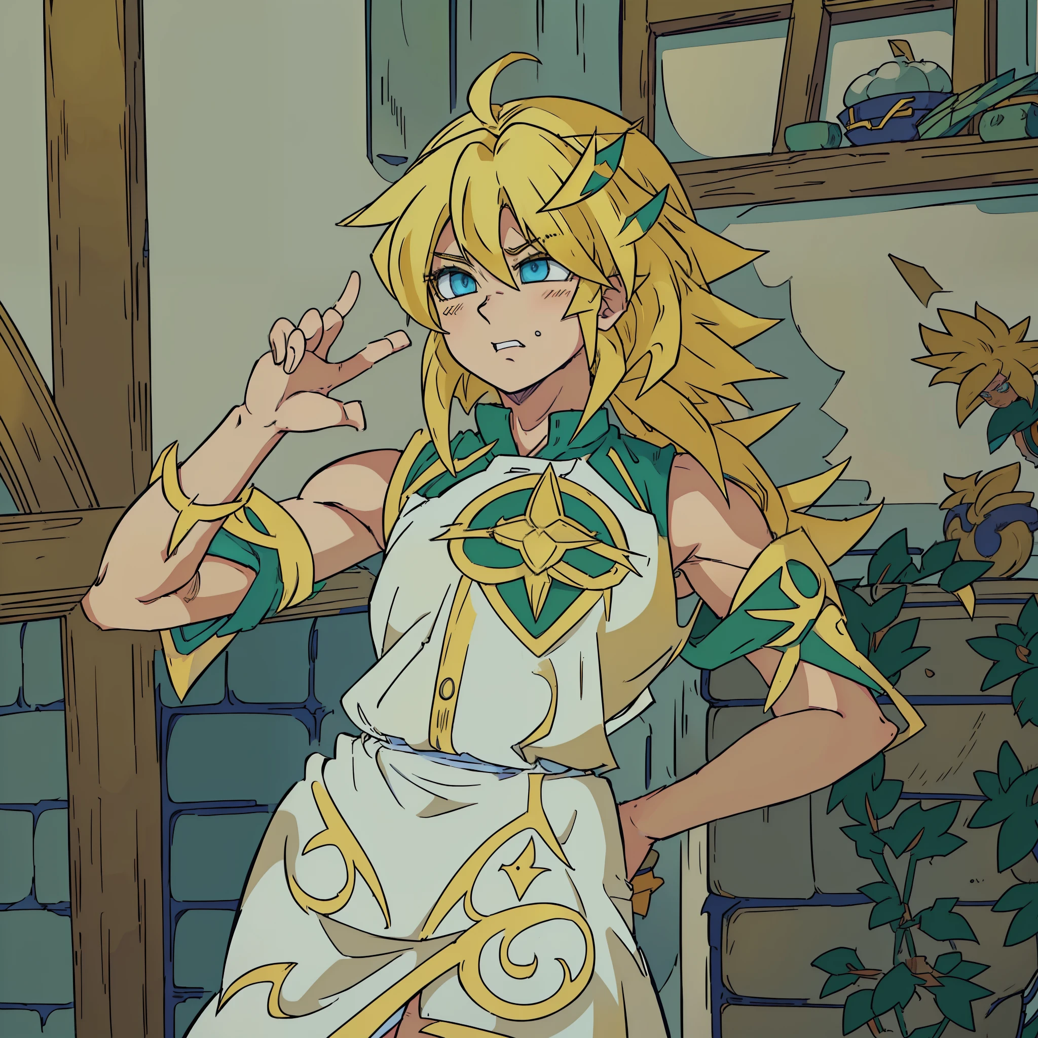 arafed woman in a white dress with green and gold accents, HD, ((super saiyan)),(drawing, manga, ((masterpiece)) 4k, ((manga-style)) drawing style, character concept, super saiyan shape, ((blonde hair:1.3)), blue eyes, Son Goku, (spiked up hair),