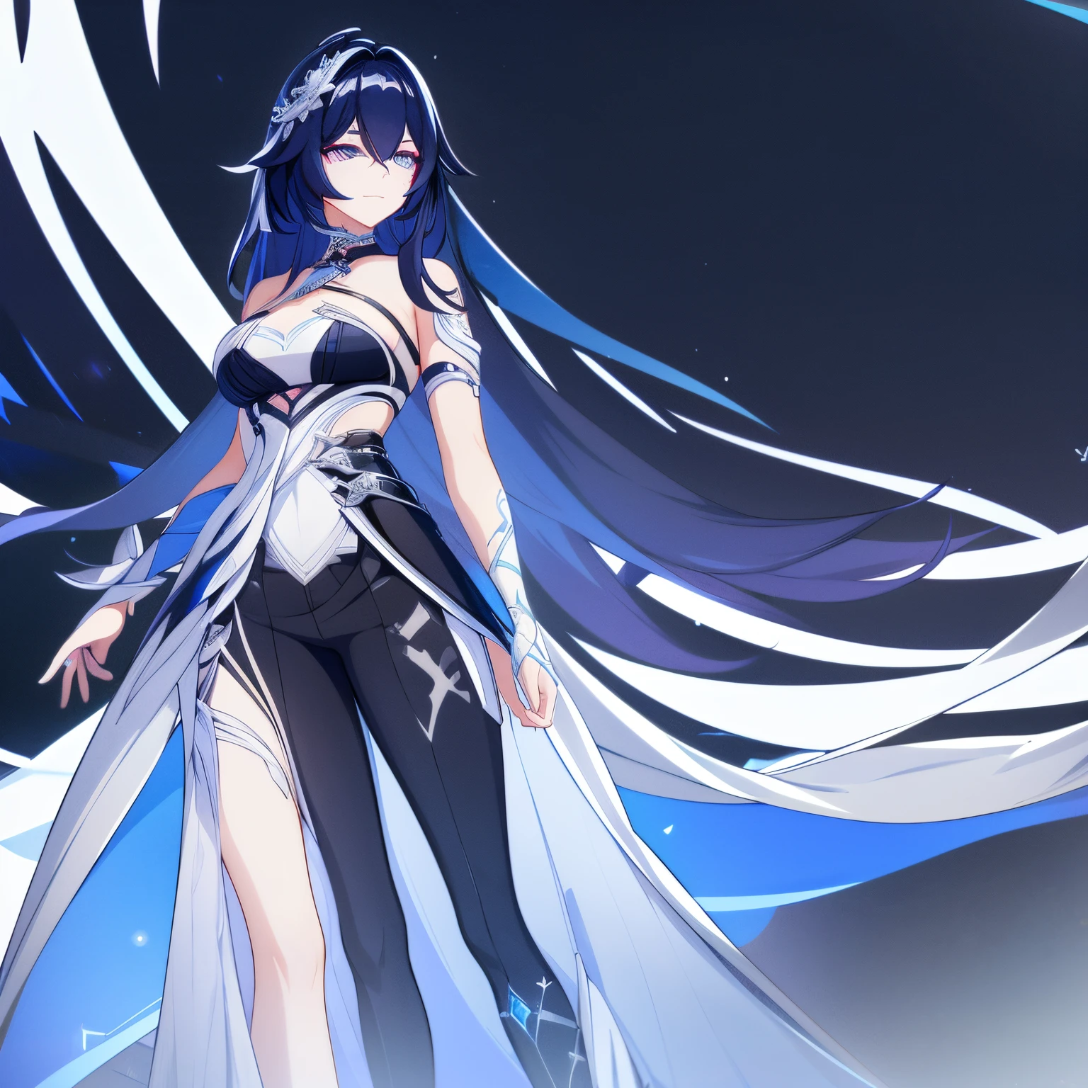 The woman. Dark blue hair with bright blue streaks. slightly wavy hair. light eyes. White and black pantsuit with lots of embellishments and ribbons......