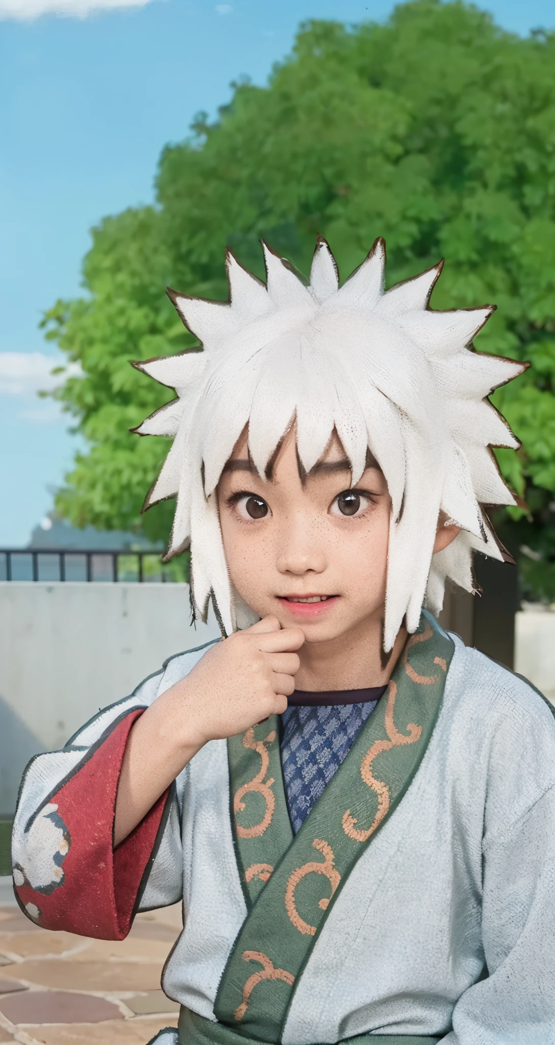 Real life adaption of this character , The handsome face of a little boy, realistic same hair , (realistic same kimono outfit), realistic background , realistic light, realistic shadow, realism, hyper realistic,(photorealistic:1.2), normal small eyes, laughing expression