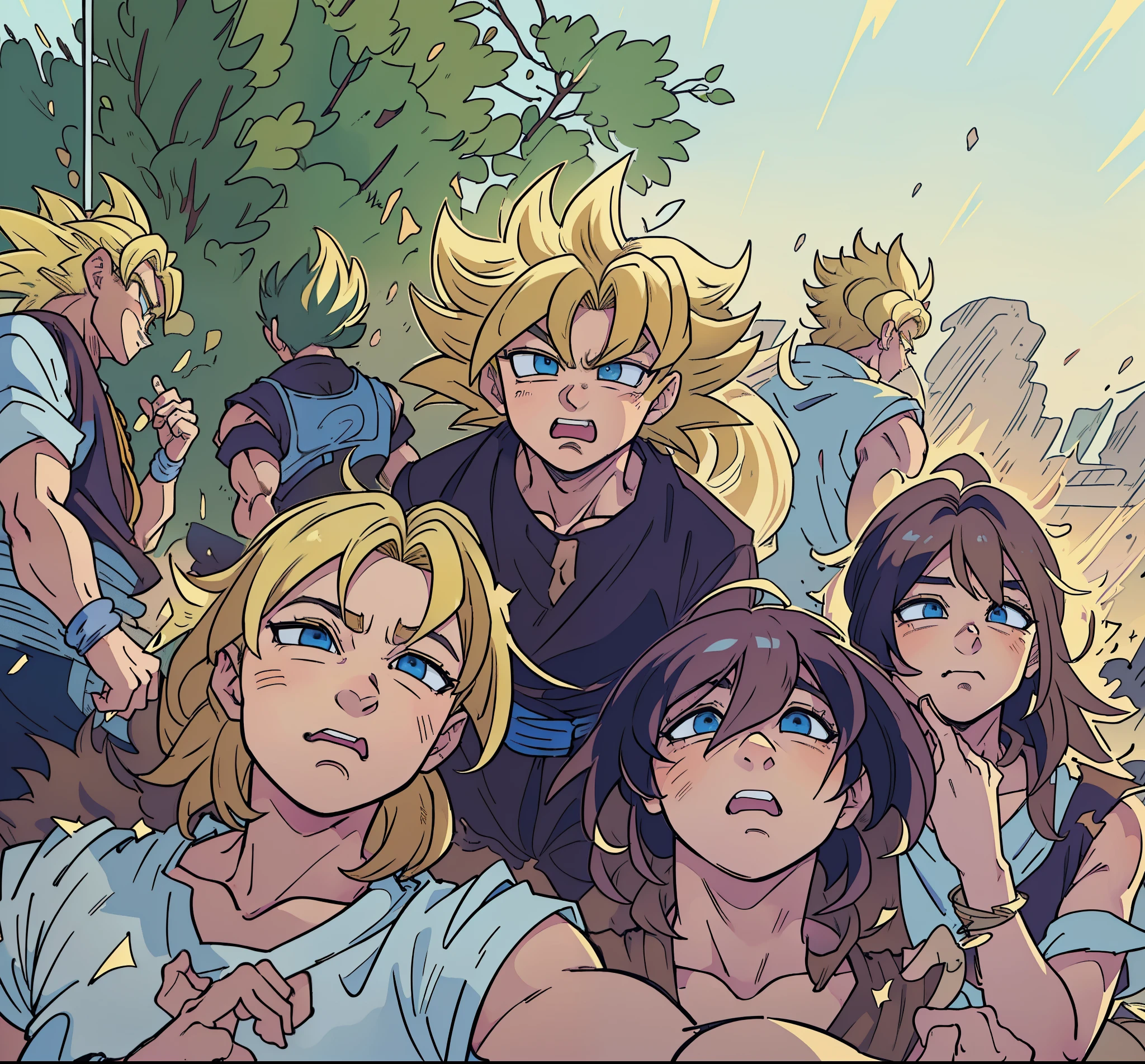 there are many people that are posing for a picture together,HD, ((super saiyan)),(drawing, manga, ((masterpiece)) 4k, ((manga-style)) drawing style, character concept, super saiyan shape, ((blonde hair:1.3)), blue eyes, Son Goku, (spiked up hair),