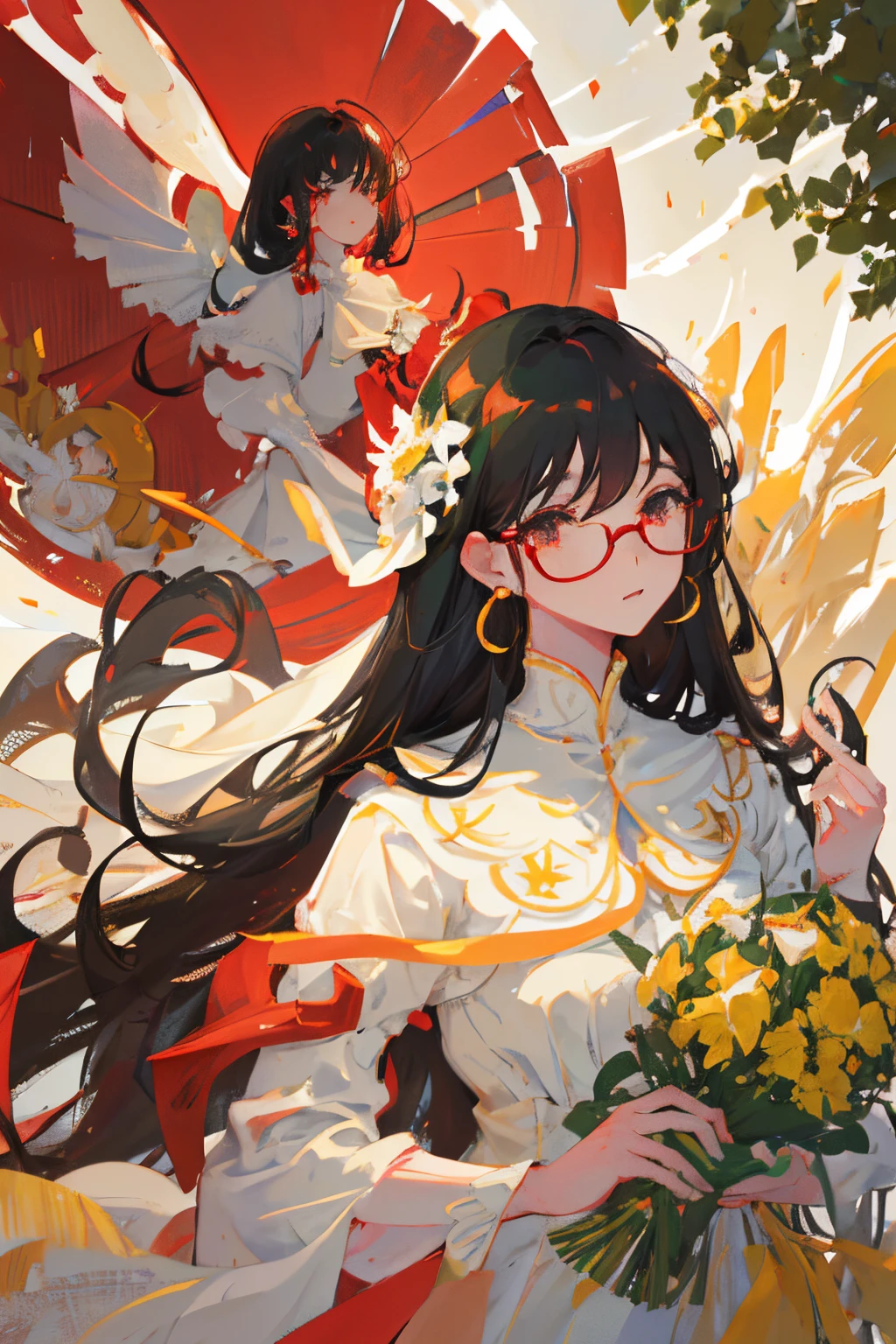 girl with、A dark-haired、The long-haired、hime-cut、Heavy bangs、straight haired、red eyes、hitornfreckles、Gold-rimmed round glasses、the wind、Wind blowing through、White dress、full bodyesbian、deadpan、red flower earrings、Green Screen