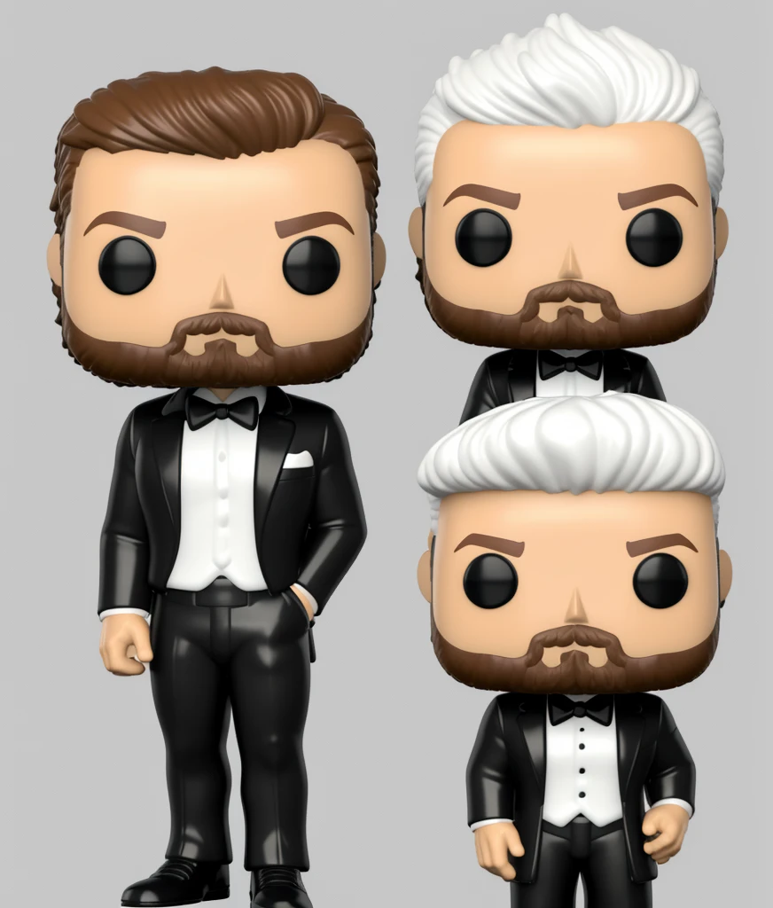 3dcharacter Funko style, 24 year old white man with a defined jaw and stubbled beard with a medium haircut, black business suit,black tie , (full body:1.2),simple background, masterpiece,best quality,(white background:1.1)(brown blonde hair)( stubble beard:0.8)