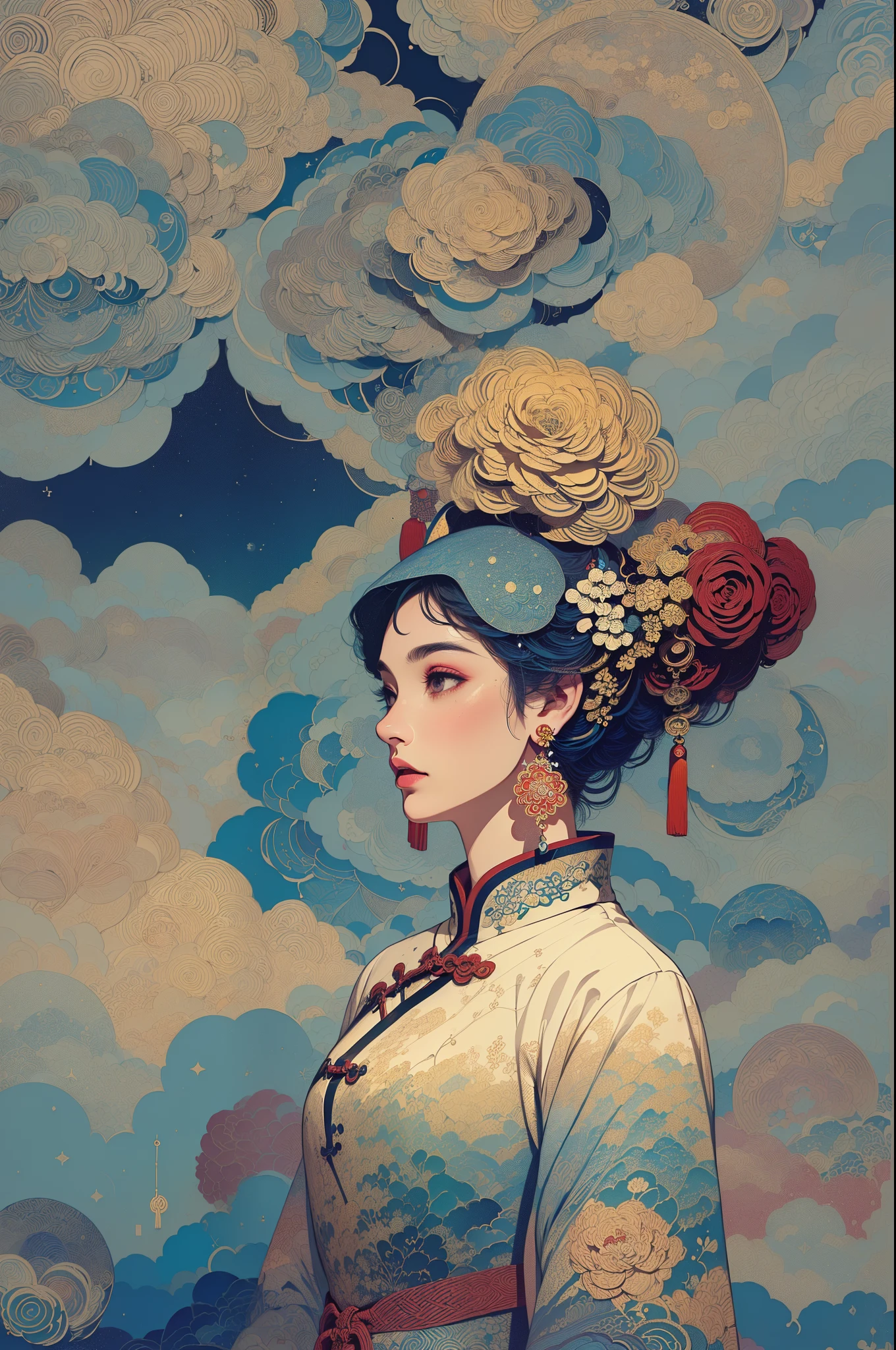 (masterpiece, top quality, best quality, official art, beautiful and aesthetic:1.2), (1girl:1.3), extremely detailed,(fractal art:1.1),(colorful:1.1)(flowers:1.3),highest detailed,(zentangle:1.2), (dynamic pose), (abstract background:1.3), (chinese Traditional cloth:1.2), (shiny skin), (many colors:1.4), ,(earrings:1.4),