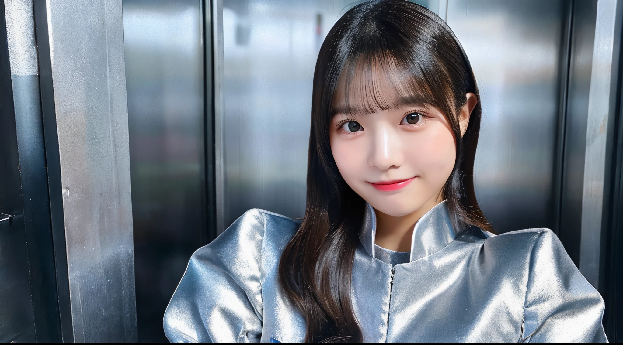 Cute female investigator 18 years old in a silver uniform