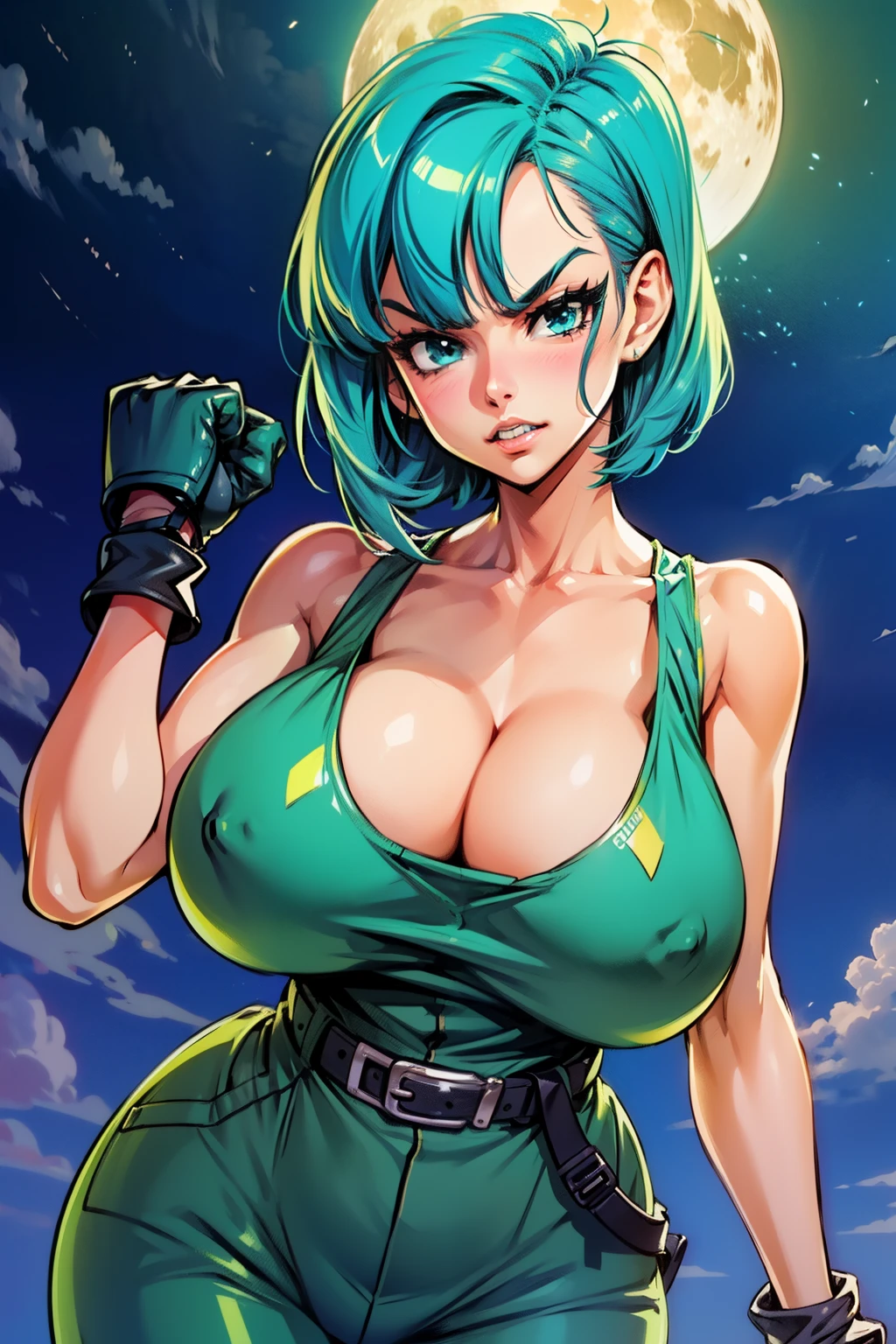 Waifu, masterpiece, curvy, breasts, moon, full moon, gloves, 1girl, clenched teeth, bulma, cleavage, large breasts, teeth, aqua hair, red gloves, tank top, blue eyes, rating:explicit,rule34, hardcore, tits,,clenched hands, punching, night, sky, jumpsuit, pants, bare shoulders, blue hair, clenched hand, rating:questionable, short hair, belt, green hair, solo, angry, orange gloves, lip biting(gigantic and massive tits:1.1), breasts, official illustration, illustration, detailed face, beautiful intricate eyes, curvy milf, 1:2), closeup, titsnipples