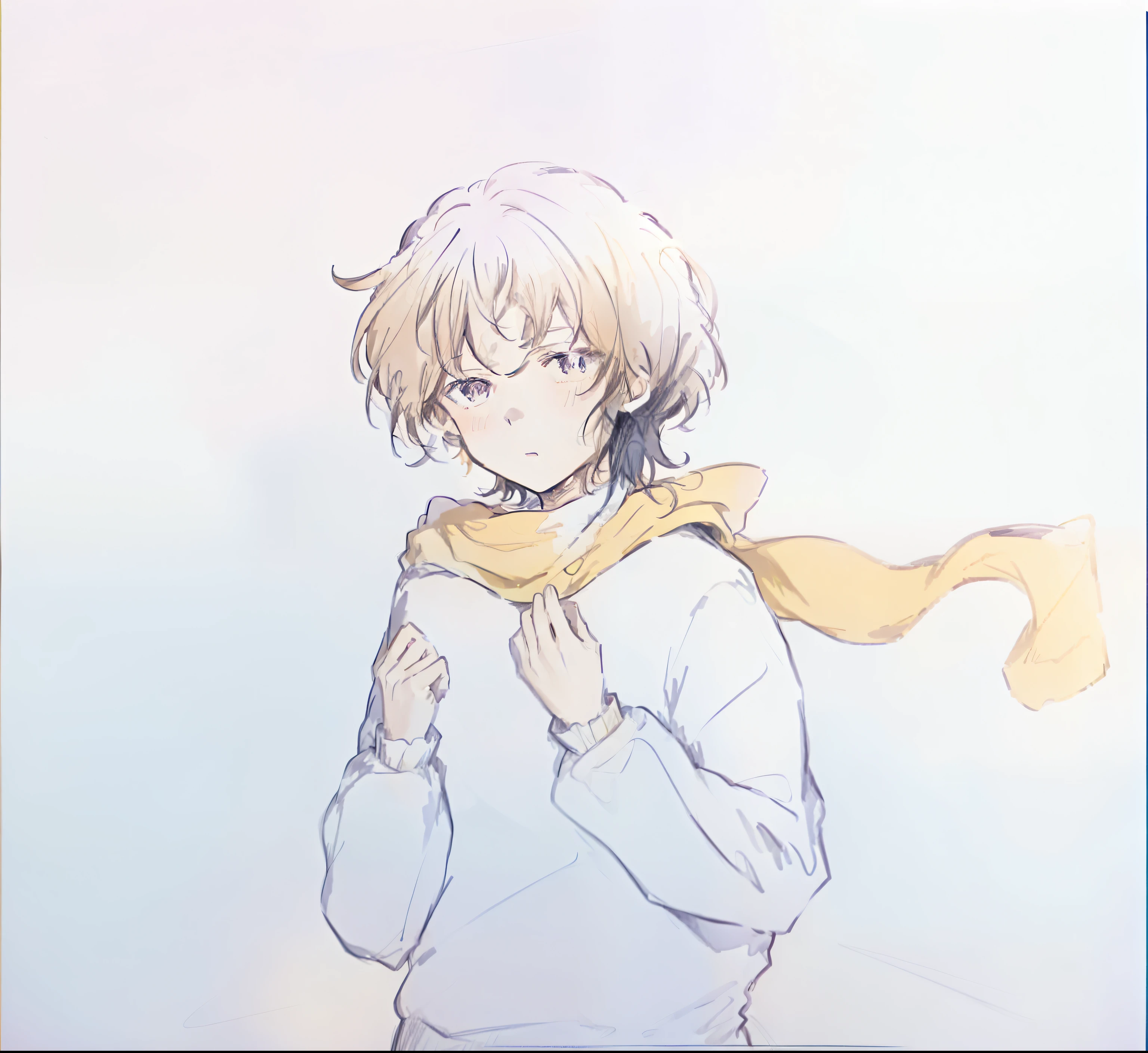 Anime character wearing scarf and glasses on yellow background, 1980s anime art style, style of anime, Anime cute art style, Cartoon rendering art style, Anime style characters, young anime man, handsome anime pose, Exquisite androgynous prince, He has short curly brown hair, 2022 anime style, 2 0 2 2 anime style