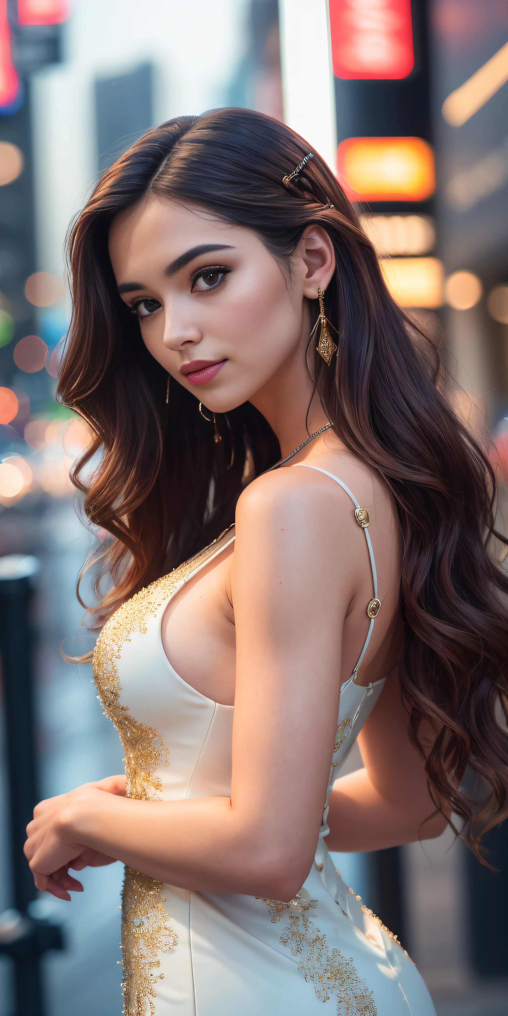 Full face portrait photo of a 25-year-old European girl, RAW, beautiful woman, semi-open strawberry lips, dimples, wistful look, (extra long wavy brown hair), ((detailed face)), ((detailed facial features)), (finely detailed skin), pale skin, (deep neckline detailed high-tech cyberpunk dress), cyberpunk megacity environment, (cool colors), damp, damp, reflections, (masterpiece) (perfect proportion)(realistic photo)(best quality) (detailed) shot on a Canon EOS R5, 50mm lens, F/2.8, HDR, (8k) (wallpaper) (cinematic lighting) (dramatic lighting) (sharp focus) (intricate),RAW photo, gigachad photo, posing for camera, 8k uhd, dslr, high quality, grain film, Fujifilm XT3