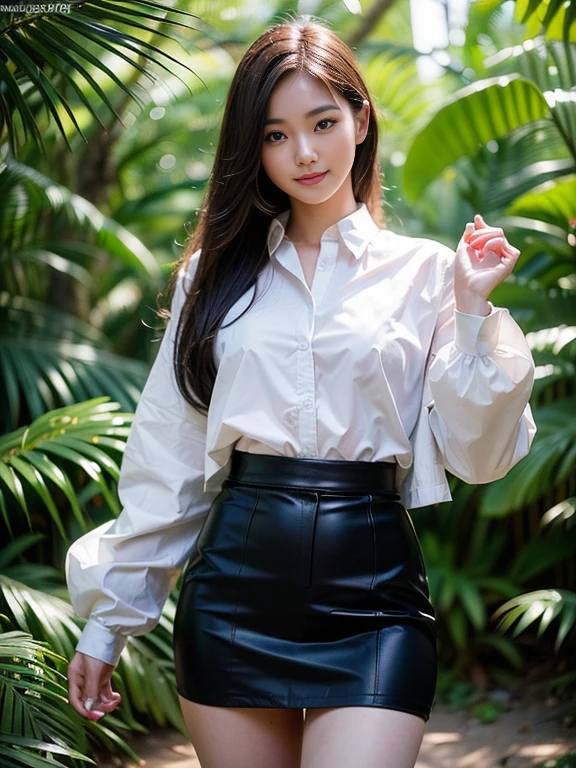 ((top-quality、in 8K、masterpiece:1.3、Raw photo))、Super high quality photos, In the tropical jungle, ((Wearing a business suit)), ((Wear a white blouse shirt under the jacket)), ((Perfect beauty 20 year old idol Japan woman)), ((a smile)), ((protruding nipples under the shirt,,)), ((slim figure)), ((Slim legs)), ((slim thigh)), ((Perfect beauty 20 year old idol Japan woman)), (Photorealistic: 1.4), (Ultra-high detail), (hyper realisitic: 1.4), (Realistic: 1.3), (Smooth lighting: 1.05), Full body, 1girl in, Solo, (Japanese actressl), 20yr old, cinematlic lighting, ((slim figure)), ((Leaner figure)), Good anatomy, Correct anatomy, In the tropical jungle, ((Perfect beauty 20 year old idol Japan woman)), ((slim figure)), ((Slim legs)), ((slim thigh)), ,((Perfect beauty)), ((He has a small camping bag in one hand.)), ((Panties are visible through the skirt)), ((a smile)), ((camel's toe)), (The skirt is flipping in the wind)),