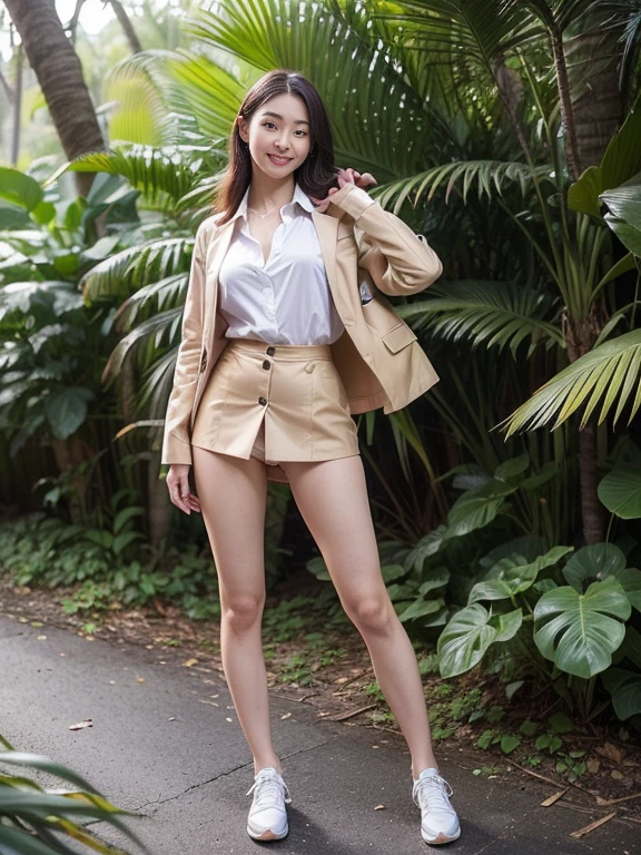 ((top-quality、in 8K、masterpiece:1.3、Raw photo))、Super high quality photos, In the tropical jungle, ((Wearing a business suit)), ((Wear a white blouse shirt under the jacket)), ((Perfect beauty 20 year old idol Japan woman)), ((a smile)), ((protruding nipples under the shirt,,)), ((slim figure)), ((Slim legs)), ((slim thigh)), ((Perfect beauty 20 year old idol Japan woman)), (Photorealistic: 1.4), (Ultra-high detail), (hyper realisitic: 1.4), (Realistic: 1.3), (Smooth lighting: 1.05), Full body, 1girl in, Solo, (Japanese actressl), 20yr old, cinematlic lighting, ((slim figure)), ((Leaner figure)), Good anatomy, Correct anatomy, In the tropical jungle, ((Perfect beauty 20 year old idol Japan woman)), ((slim figure)), ((Slim legs)), ((slim thigh)), ,((Perfect beauty)), ((He has a small camping bag in one hand.)), ((Panties are visible through the skirt)), ((a smile)), ((camel's toe)), (The skirt is flipping in the wind)),