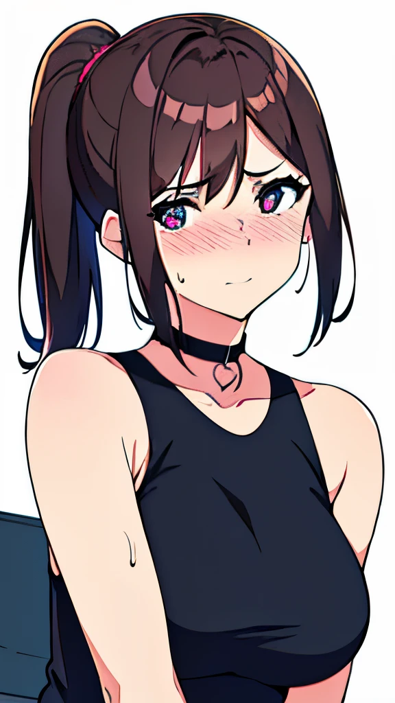 {{official art}}, nice curve, (((adult woman))), ((pretty face)), {{heart shaped pupil}}, ((alone)), short hair, nape hair, side ponytail, wet hair, looking at the camera, blush, (sweat), 😍, looking at viewer, alone, facial focus, {{sleeveless shirt}}, ((collar)), perfect anatomy, white background