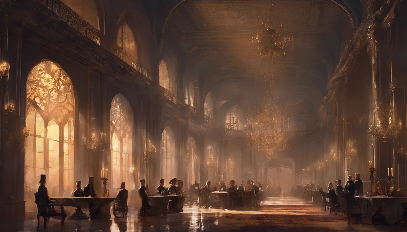 a social gathering of many nobles and aristocracy inside a castle grand hall, it is late evening and the air cool and getting dark, the atmosphere is of conspiracy and mystery