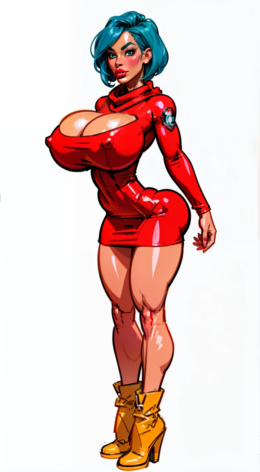 ((masterpiece)),(((best quality))),((character design sheet)), ((bulma), ((full body view)) mature face, (aqua blue hair),((asian eyes:1.4)), (short boots), defined cheekbones, high cheekbones, illustration, muscular, sexy bimbo, (gigantic breasts:1.7) blue hair, ((detailed face:1.4)) beautiful woman, yellow scarf, (white skin:1.4) , (red lipstick:1.4), shiny skin, scribbles and marks,(puffy lips:1.4) , rough sketches, pose, 8k,16k, (simple background, white background: 1.3) (()), ((short red dress))
