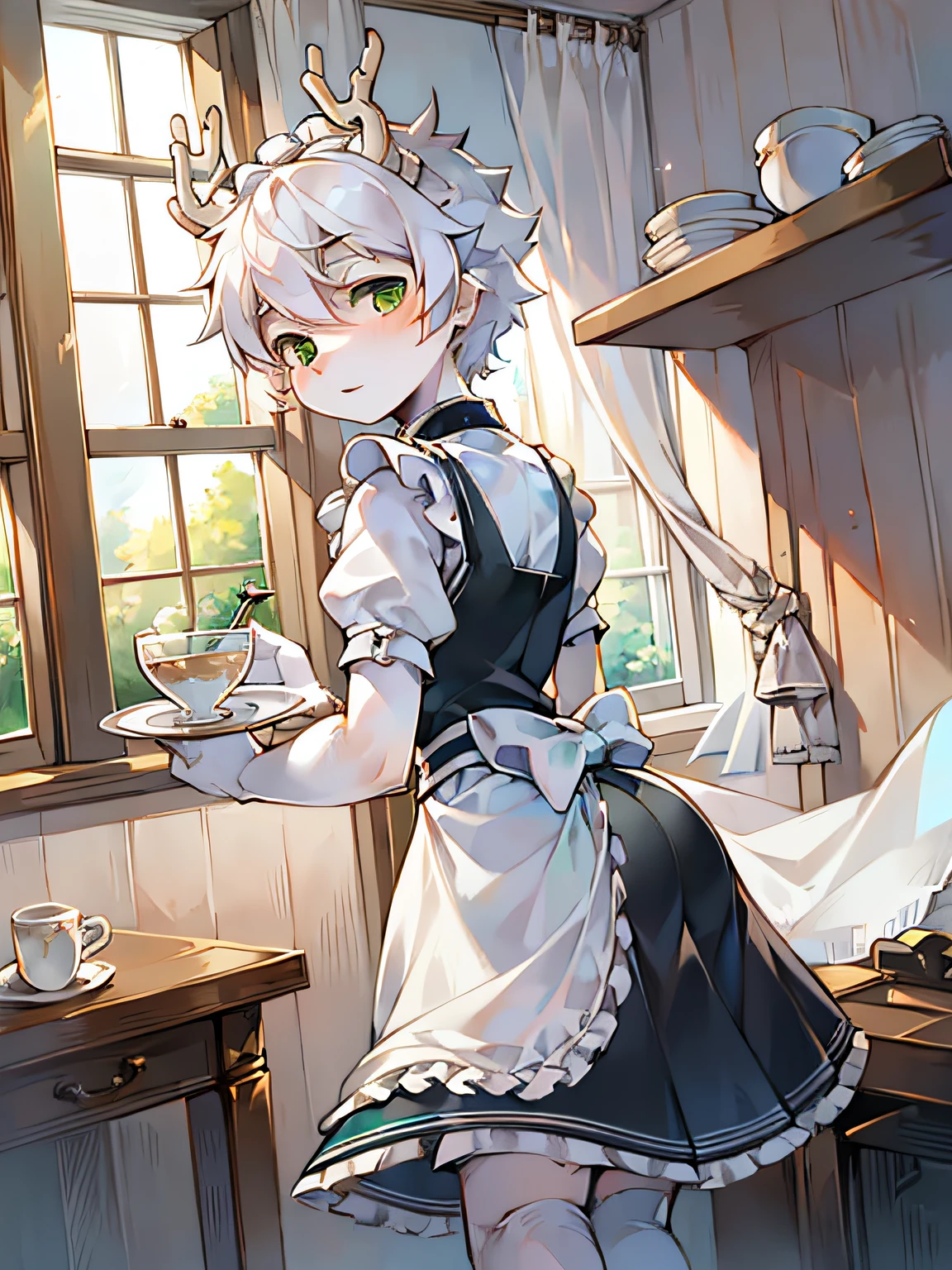 A white deer,white color hair,Green-eyed,shota,lovely boy,Bedrooms,pantiess,Wearing light green maid outfit,White socks,deer antlers,Stand at the table,Plate in hand,back to look back,bunk,There is a glass of milk on the table,a skirt,janelas,rays of sunshine,Put things on the table,One guy,White stockings,