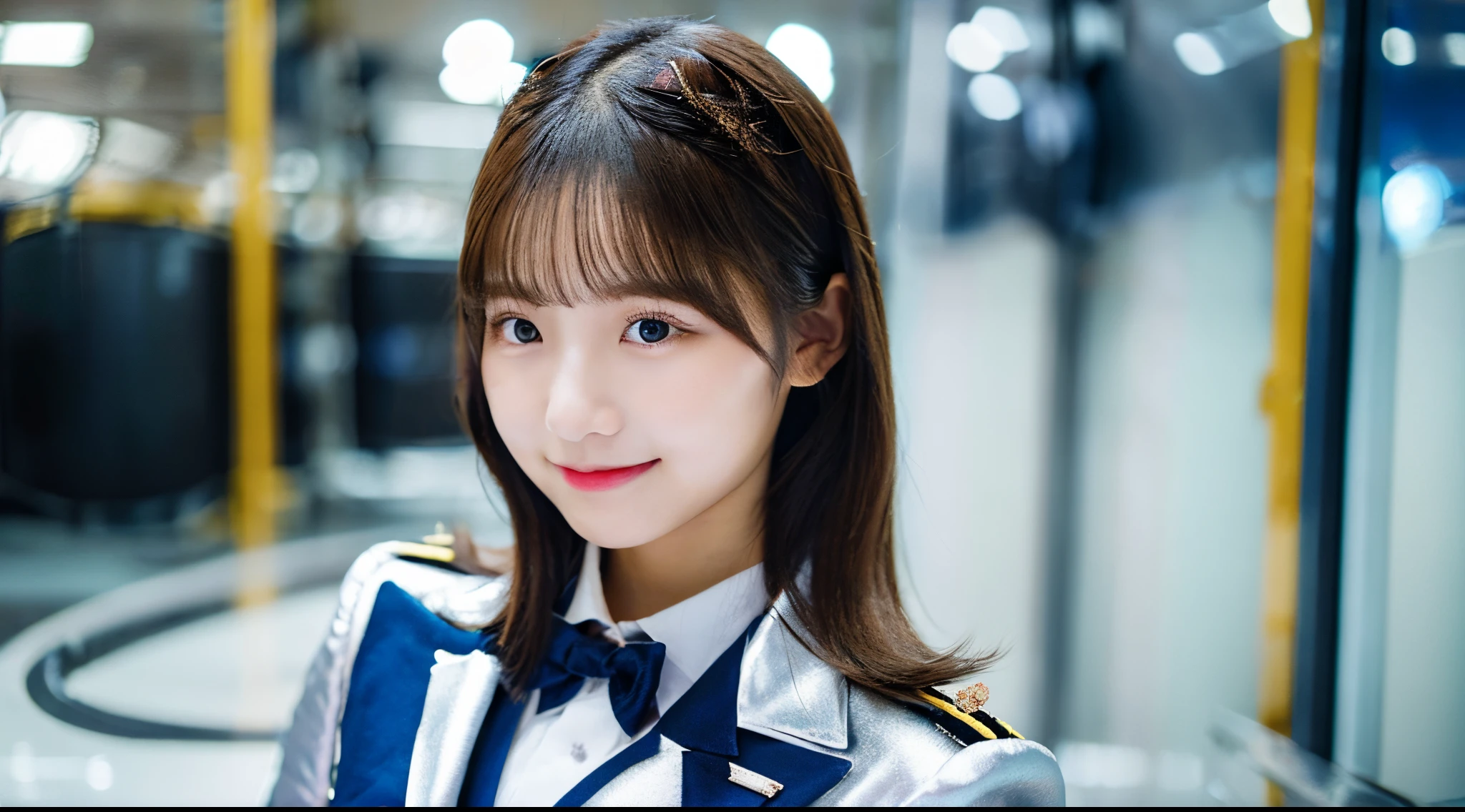 Cute female investigator 18 years old in a silver uniform
